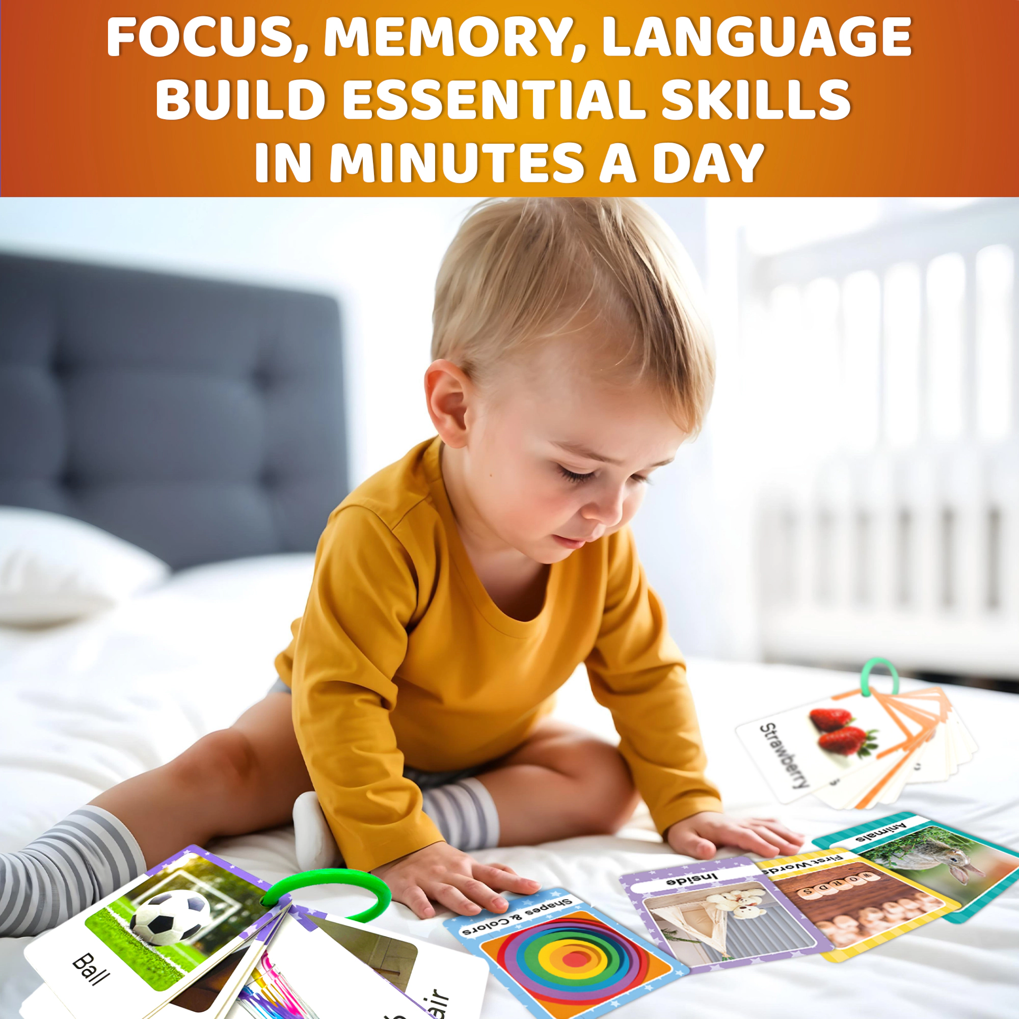 QUOKKA Flash Card Set for Toddlers Ages 1–3, 225 Picture Cards with Rings, Alphabet, Numbers, Animals & Everyday Objects