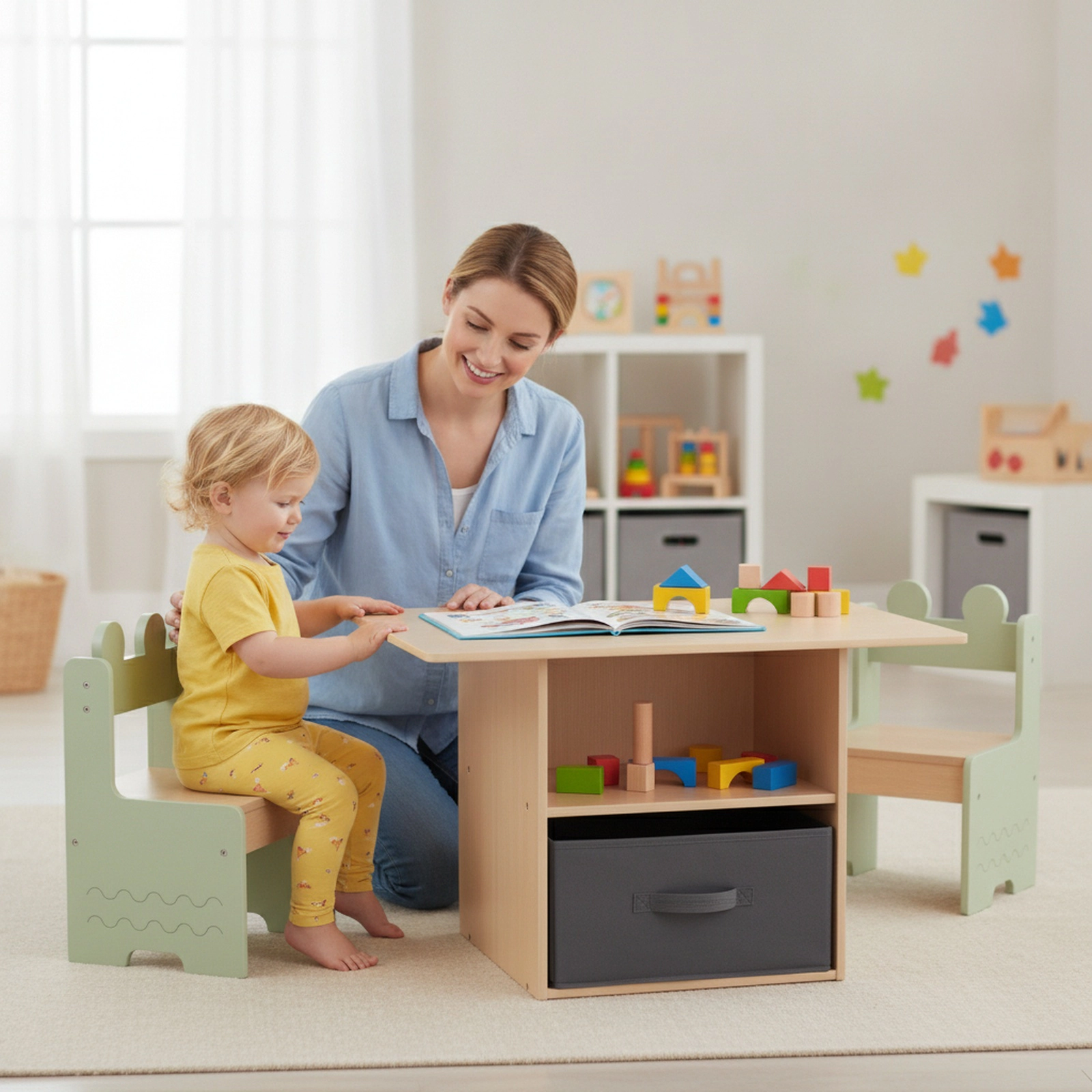 SUGIFT Wooden Kids Table and Chairs Set, 2 Chairs, Storage Compartments and Fabric Drawer, Natural and Green