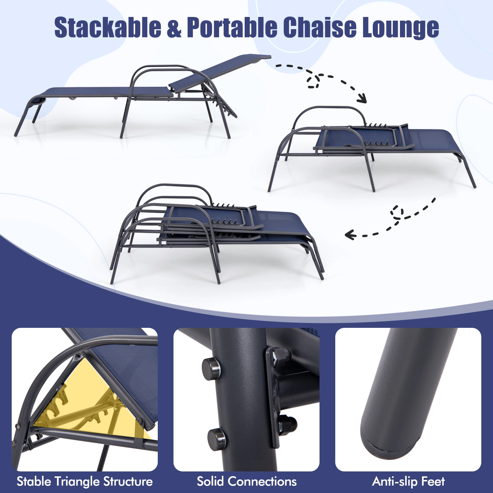 SUGIFT 350-lb Capacity Navy 5-Position Adjustable Folding Chaise Lounge Chair with Powder Coated Steel Frame