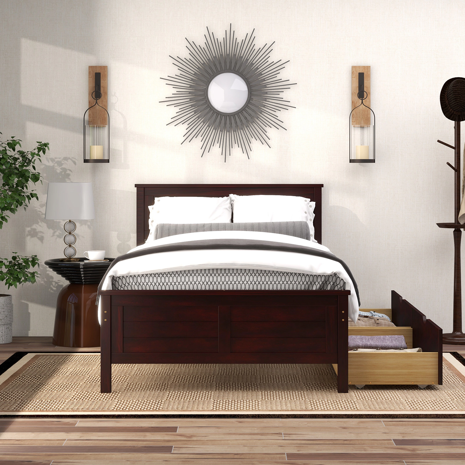 SUGIFT Twin Size Bed Frame with 2 Storage Drawers 350-lb Capacity 43-in Wide Pine Wood Frame Espresso