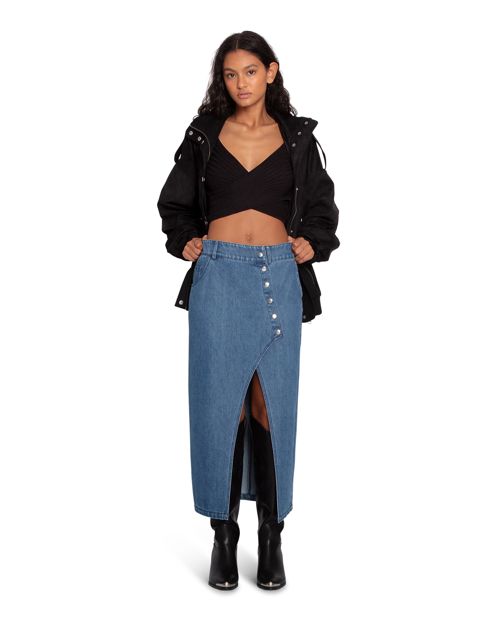 Belle & Bloom Womens Can't Forget You Denim Midi Skirt