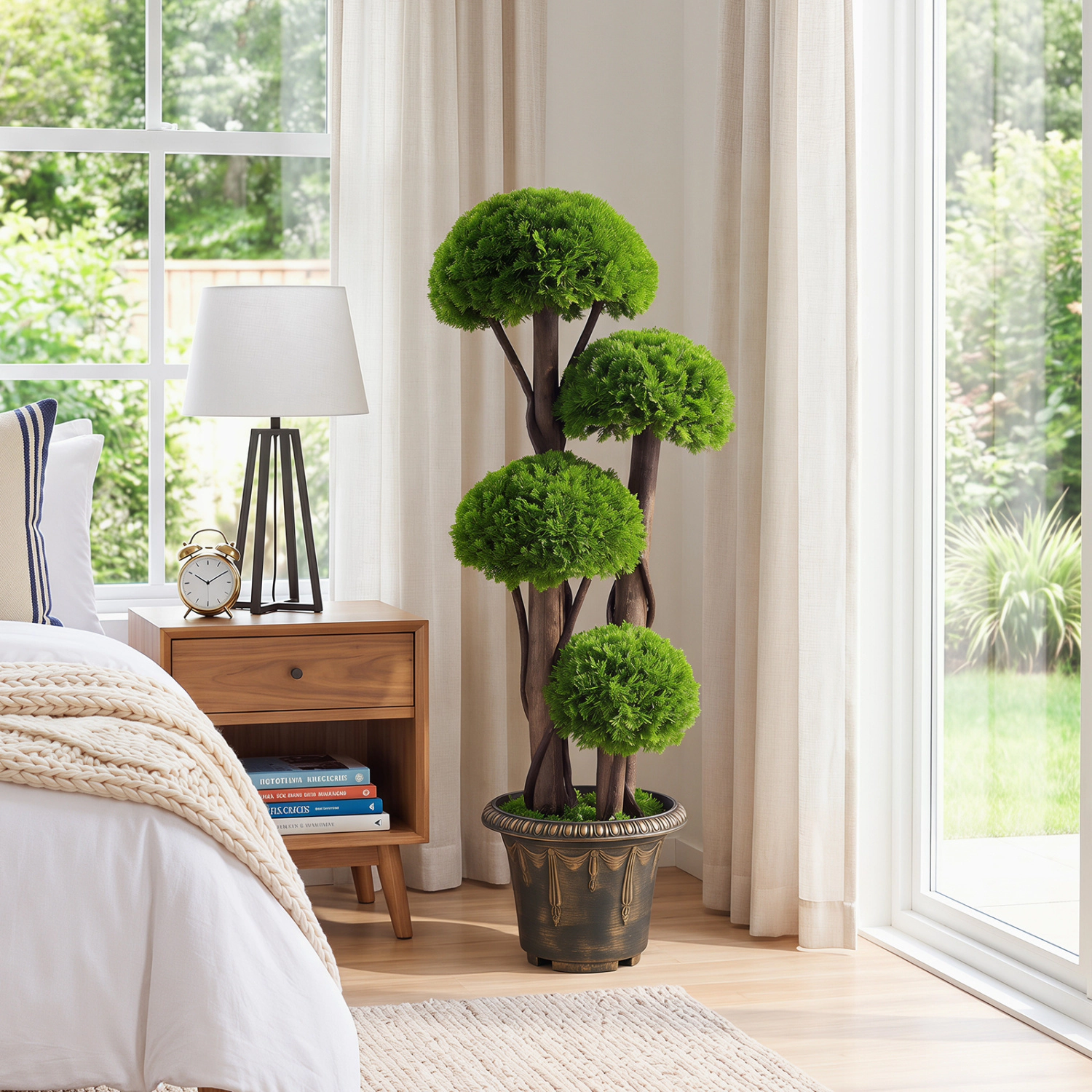 SlickBlue Artificial Cypress Topiary Tree with Wood Trunk 35in Potted Faux Greenery Plant