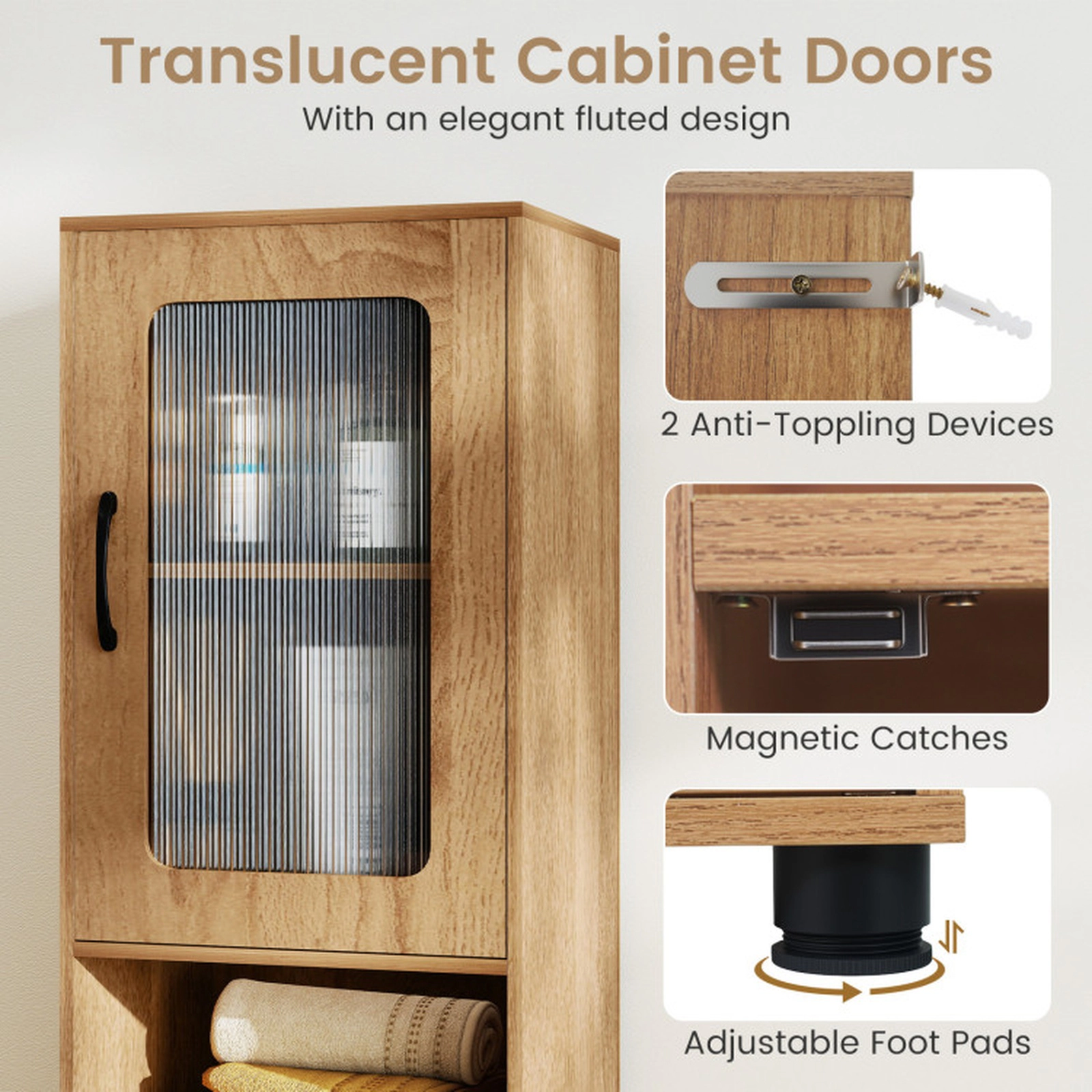 SUGIFT Tall Fluted Translucent Doors Open Compartments Bathroom Cabinet 16-in x 12-in x 67-in 155-lb Capacity Natural