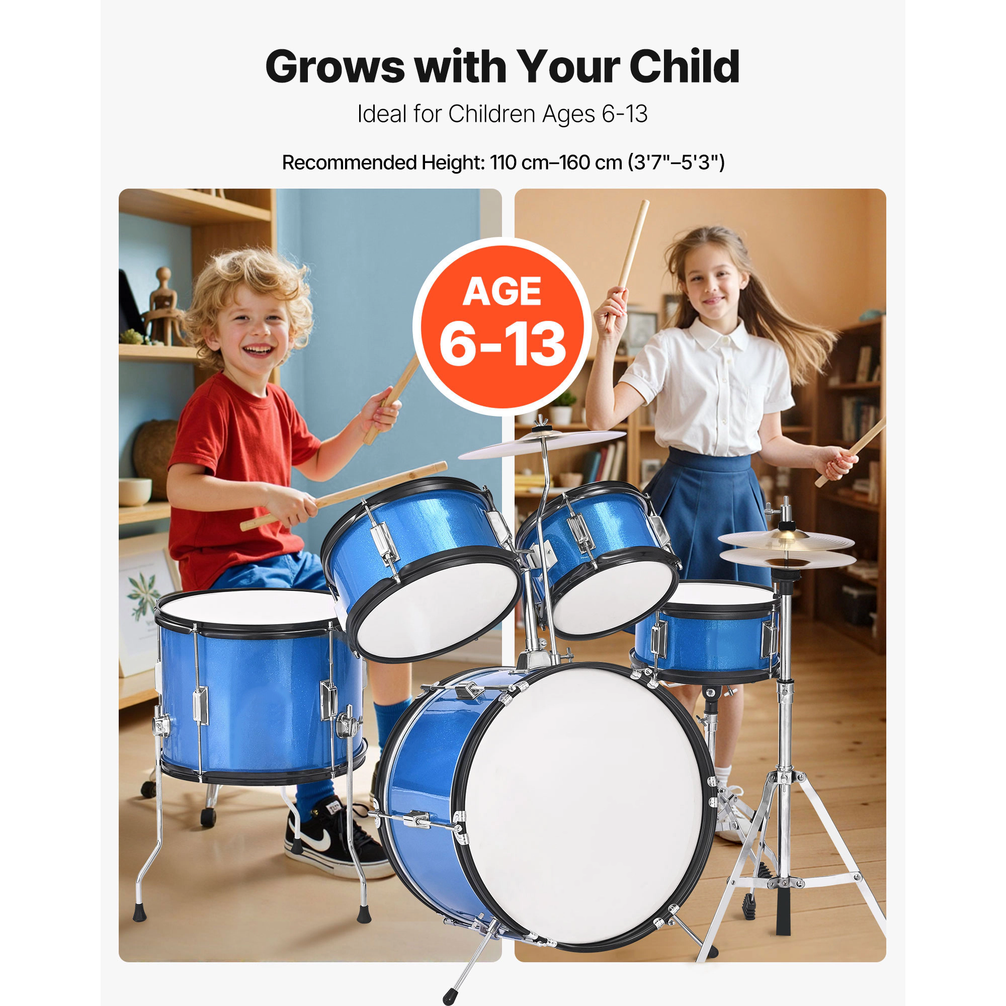 HONGGE Kids Drum Set Junior Drum Sets Beginner Drums Set with Adjustable Throne Cymbal & Two Pairs of Drumsticks