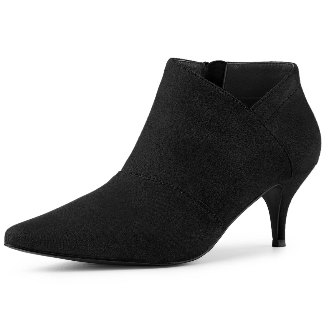 BLISSFUL STEP Women Faux Suede Pointed Toe Kitten Heel Cutout Ankle Boots