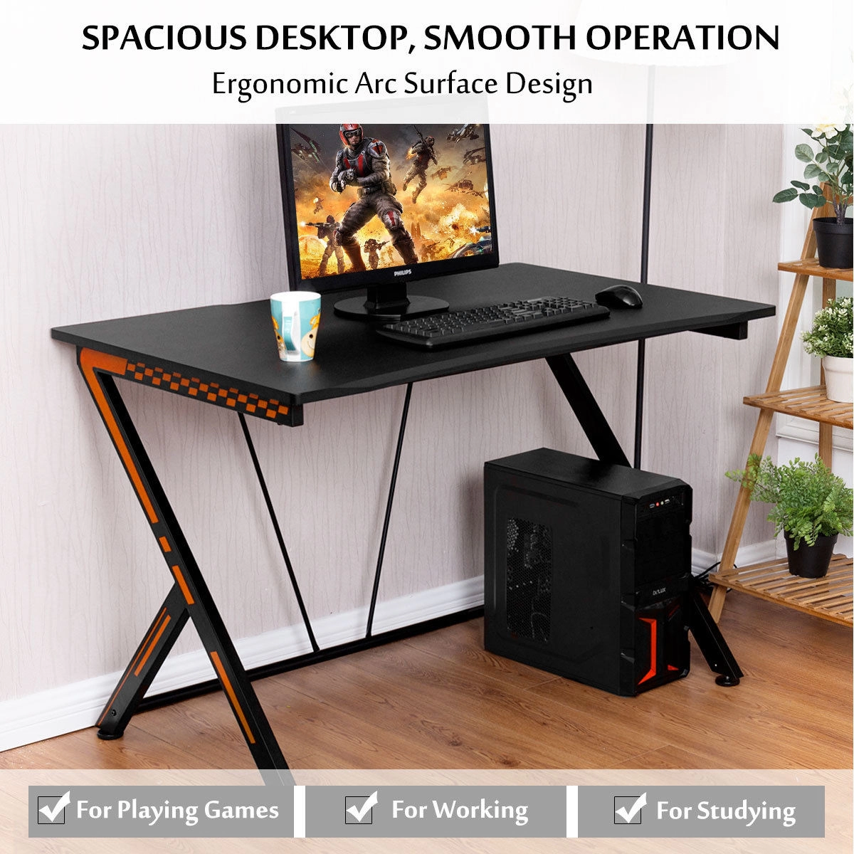 SUGIFT Modern Ergonomic Study Computer Desk -in Metal and MDF 175-lb Capacity Home Office Gaming Workstation Black