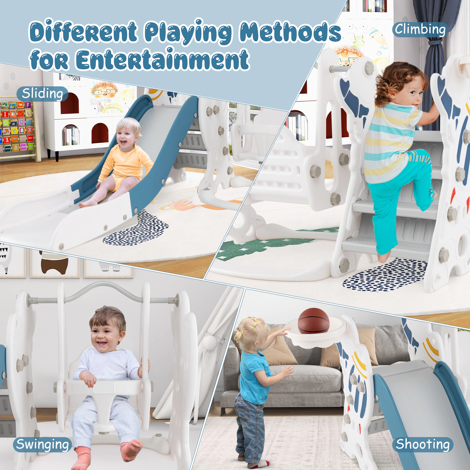 LJG 4-in-1 Kids Slide and Swing Set with Basketball Hoop
