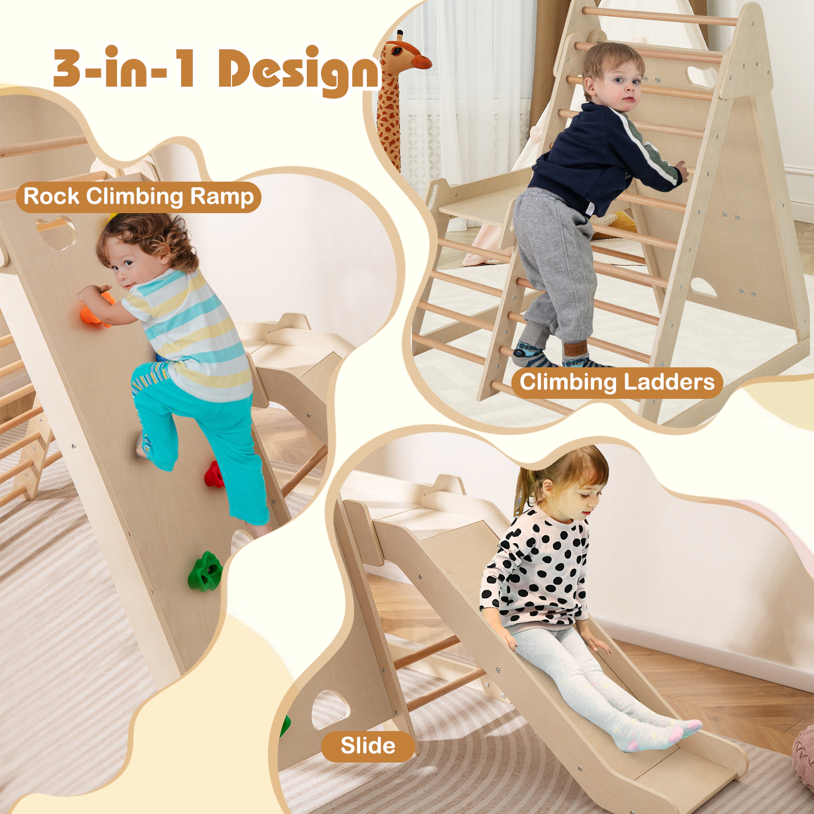 SUGIFT Natural Extended Slide 3 in 1 Toddler Indoor Playground Jungle Gym