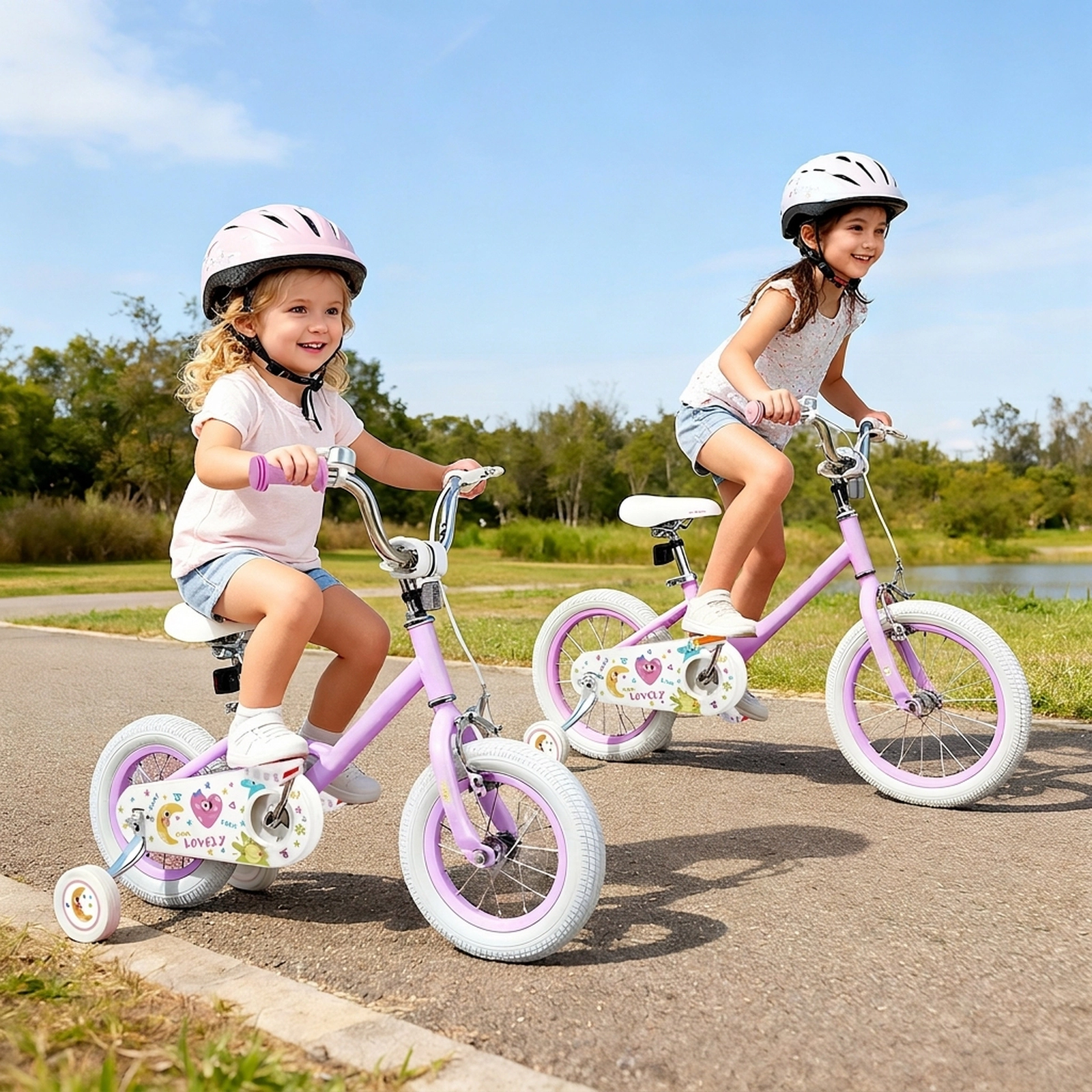 18-in Kids Bike Anti-Slip Handlebars Pedals Kickstand 2 Removable Training Wheels Ages 4-8 Purple Stars/Moon