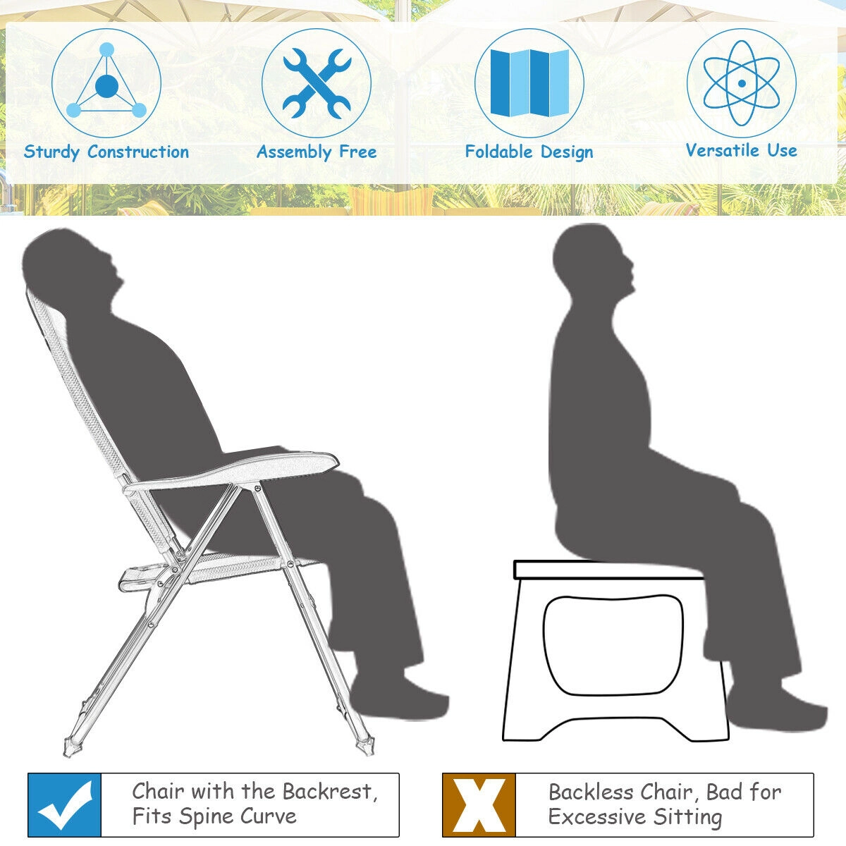 SUGIFT 2-Piece Outdoor Folding Patio Chairs with 7-Position Adjustable Backrests 300-lb Capacity Black/Gray