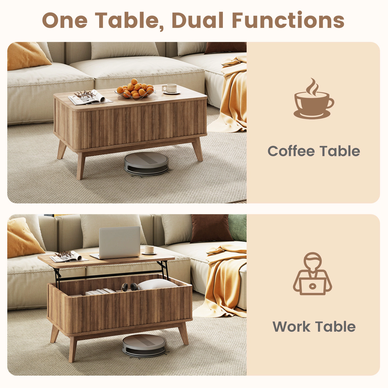 Glintex 35.5-Inch Fluted Lift-Top Coffee Table with Divided Hidden Storage, Walnut