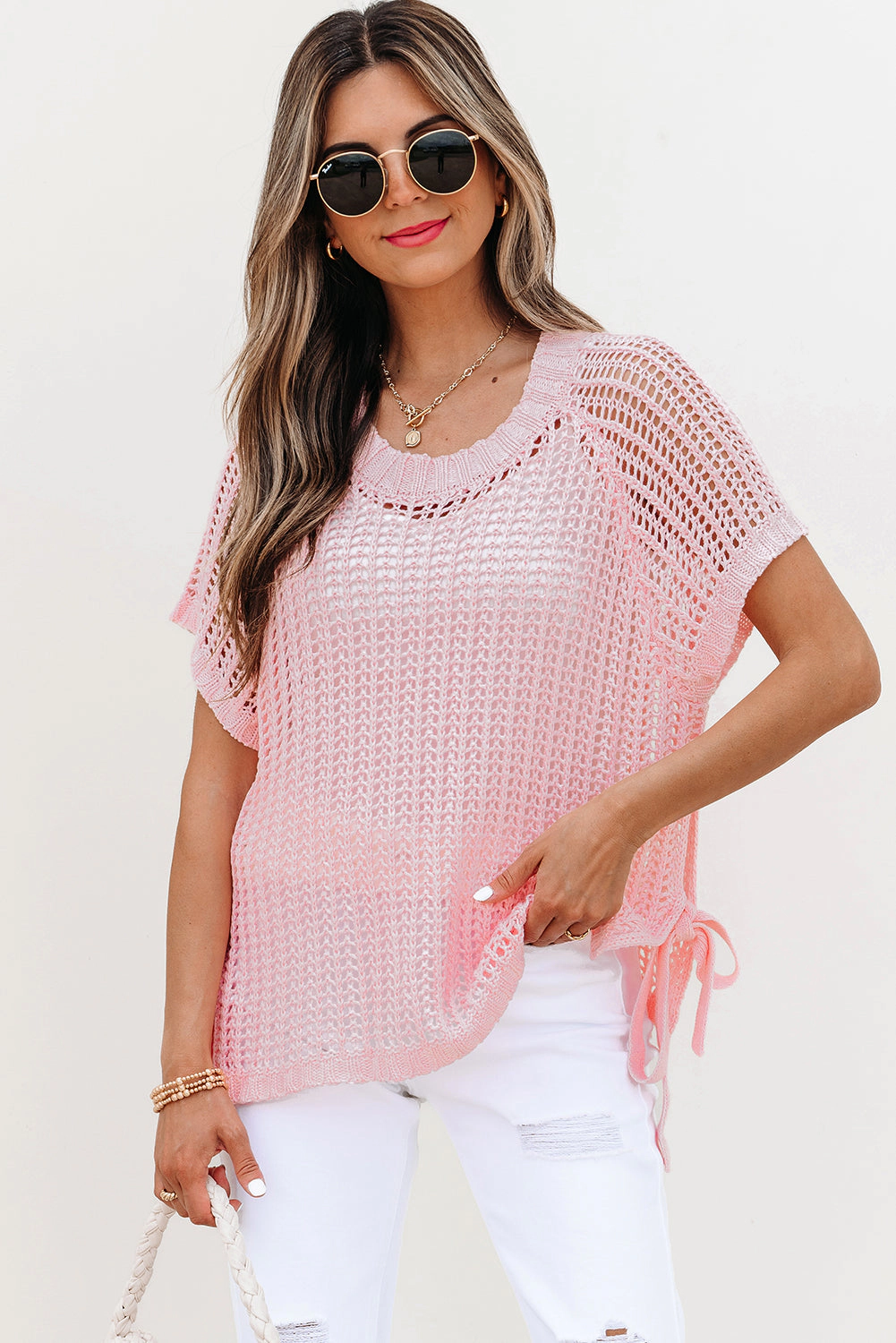 Threaded Pear Women's Lettie Hollow-out Crochet Side Tied Short Sleeve Sweater