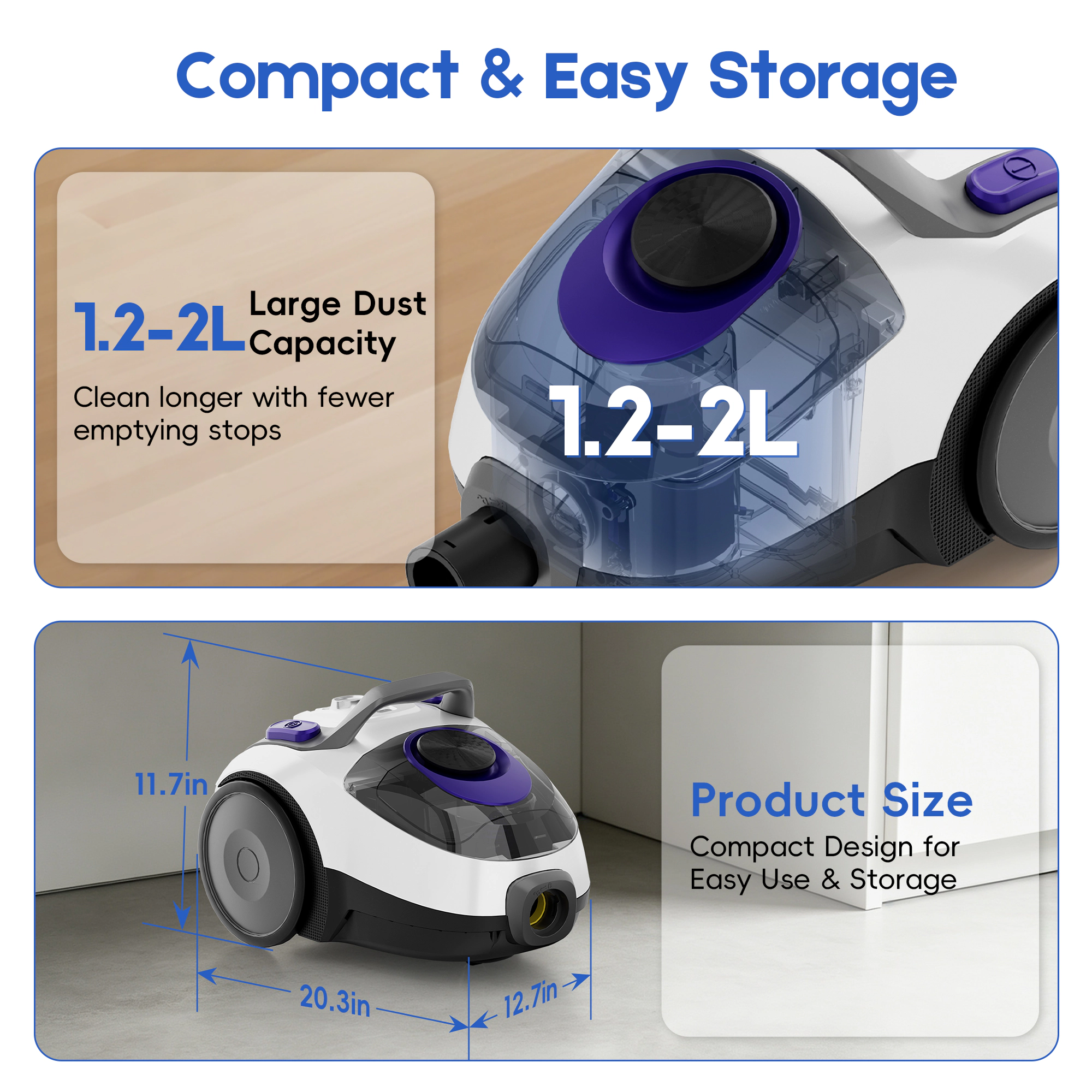 WHALL Bagless Canister Vacuum Cleaner,1400W Motor with Auto Cord Rewind & Multi‑Surface Cleaning Attachments