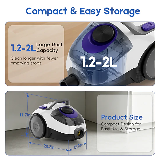 WHALL Bagless Canister Vacuum Cleaner,1400W Motor with Auto Cord Rewind & Multi‑Surface Cleaning Attachments