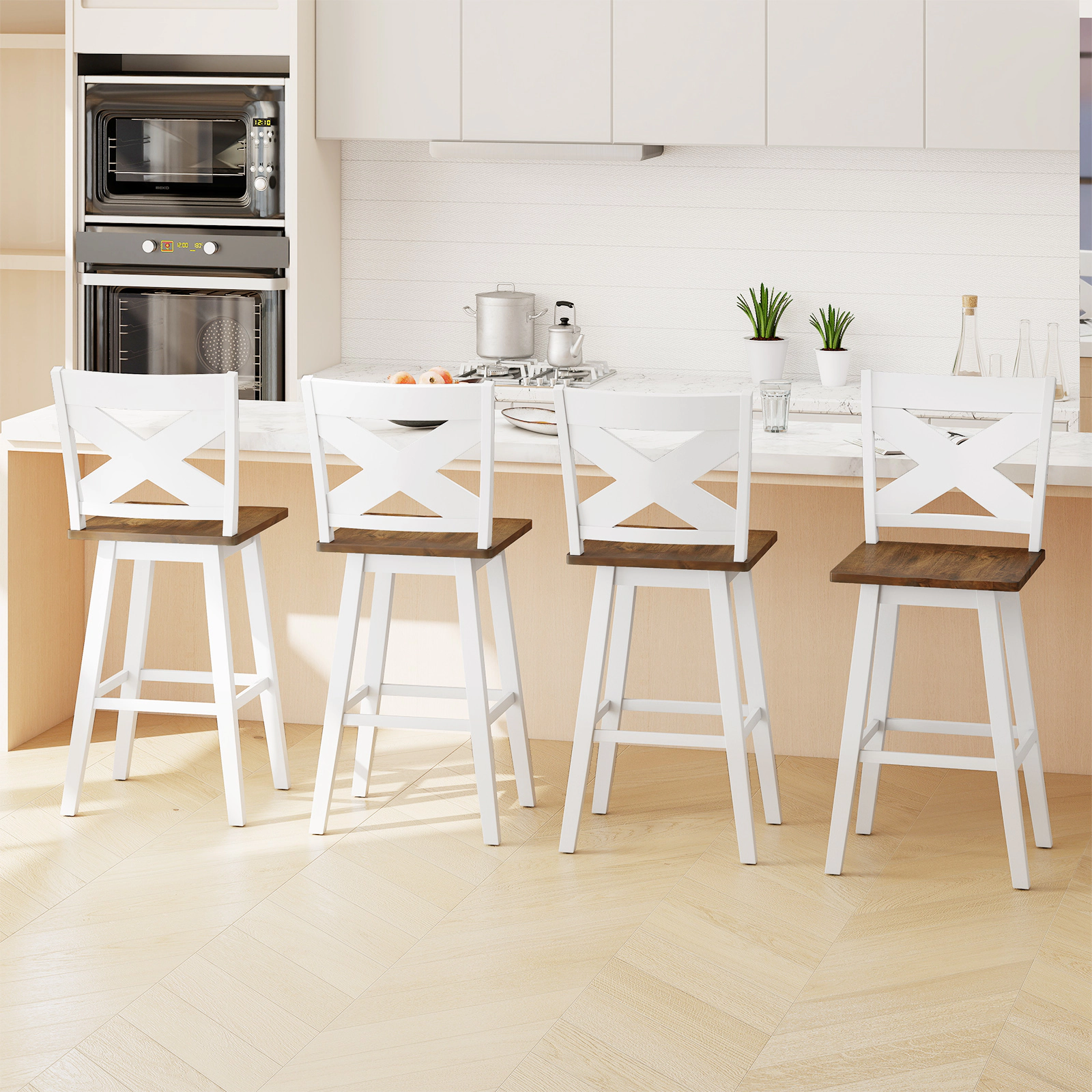 SUGIFT Set of 4 29-Inch Swivel Bar Stools, Rubberwood, Extra-Large Seat, Curved Back, White and Walnut