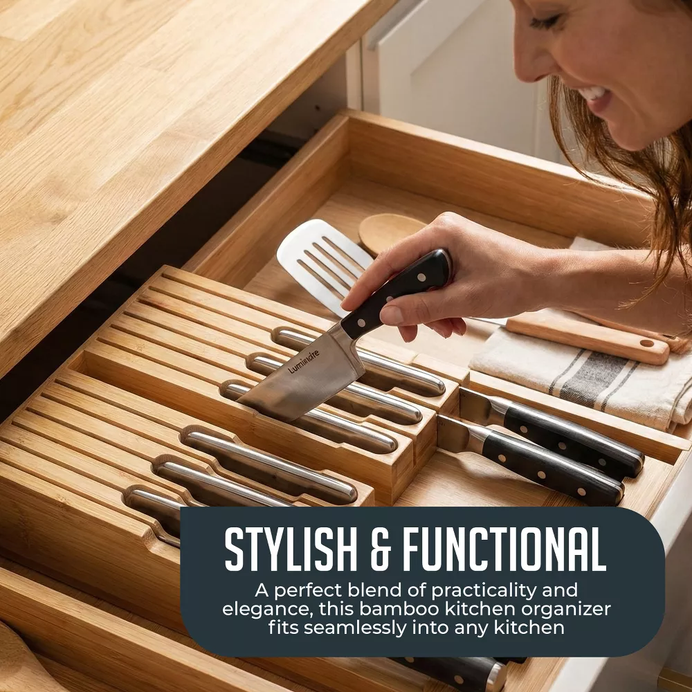 Luminuxe Bamboo Knife Block Drawer Organizer, Durable Nonslip In‑Drawer Wooden Knife Storage Holds up to 12 Knives
