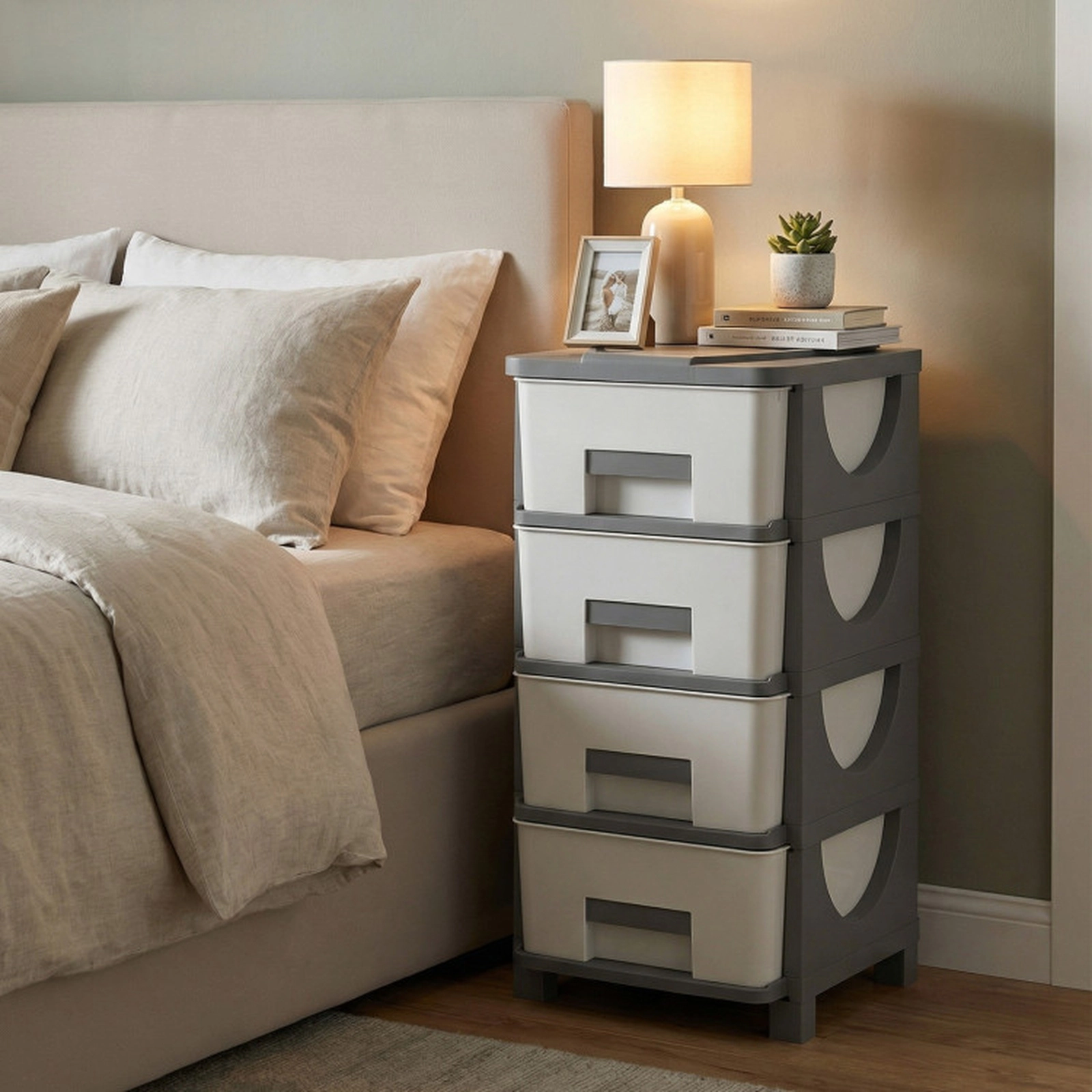 SUGIFT Gray Tabletop for Bedroom 4-Drawer Plastic Storage Organizer Cabinet