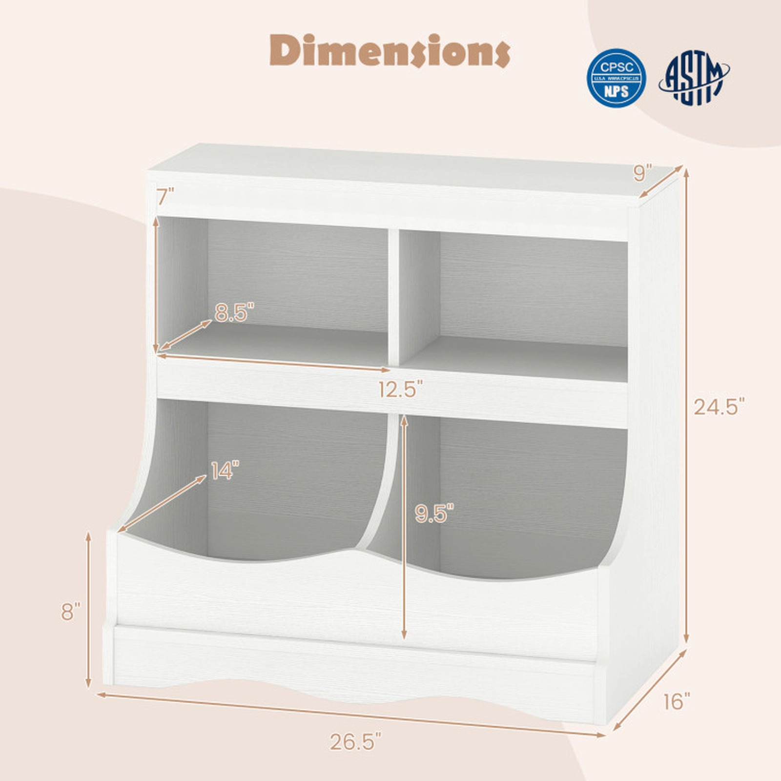 SUGIFT Kids 4-Cubby Rounded Corners Spacious Top Shelf Wooden Storage Bookcase 26.5-in x 16-in x 24.5-in 132-lb White