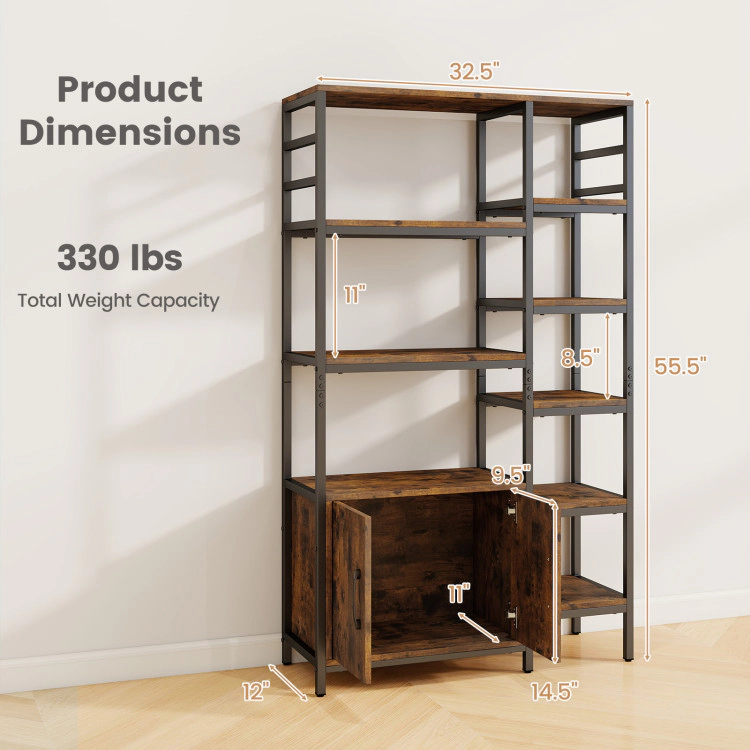 Hivvago Double Wide 8-Tier Bookshelf with 2-Door Cabinet for Living Room Home Office
