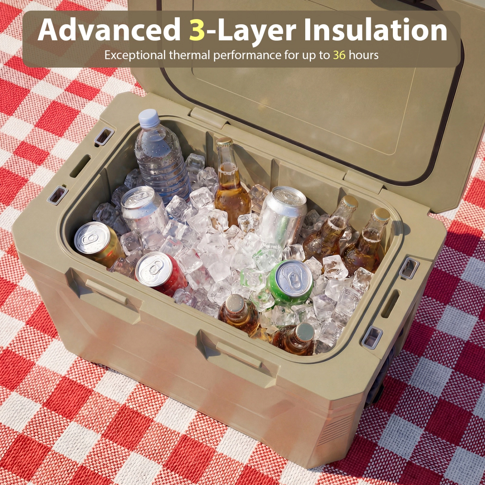 SUGIFT 37-Quart Tan Hard Side Cooler with Fish Ruler and Bottle Opener 23-in W 14-in D 14-in H 110-lb Lid Capacity