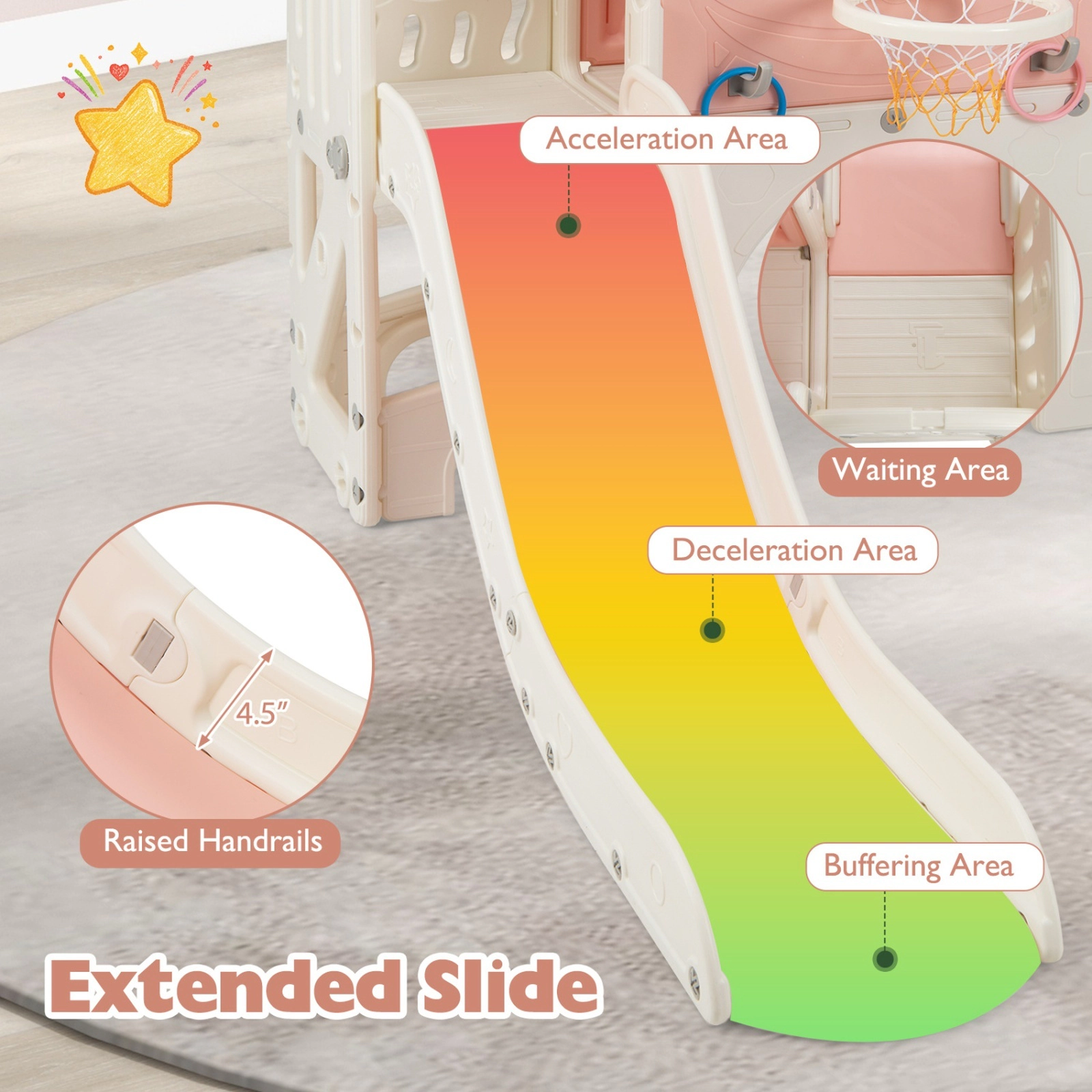 10-in-1 Toddler Slide Climber Playset 60-in Slide Magnetic Whiteboard Basketball Hoop and Crawl Tunnel Ages 3+ Pink