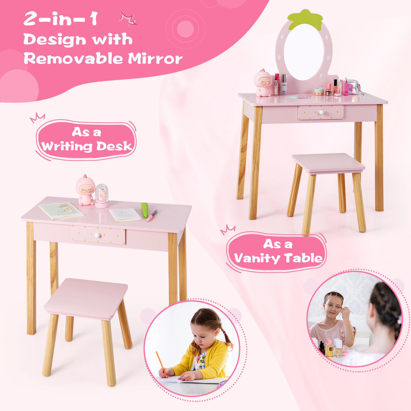 SUGIFT Pink Kids Vanity Table and Stool Set, 2-in-1 Desk with Removable Strawberry Mirror