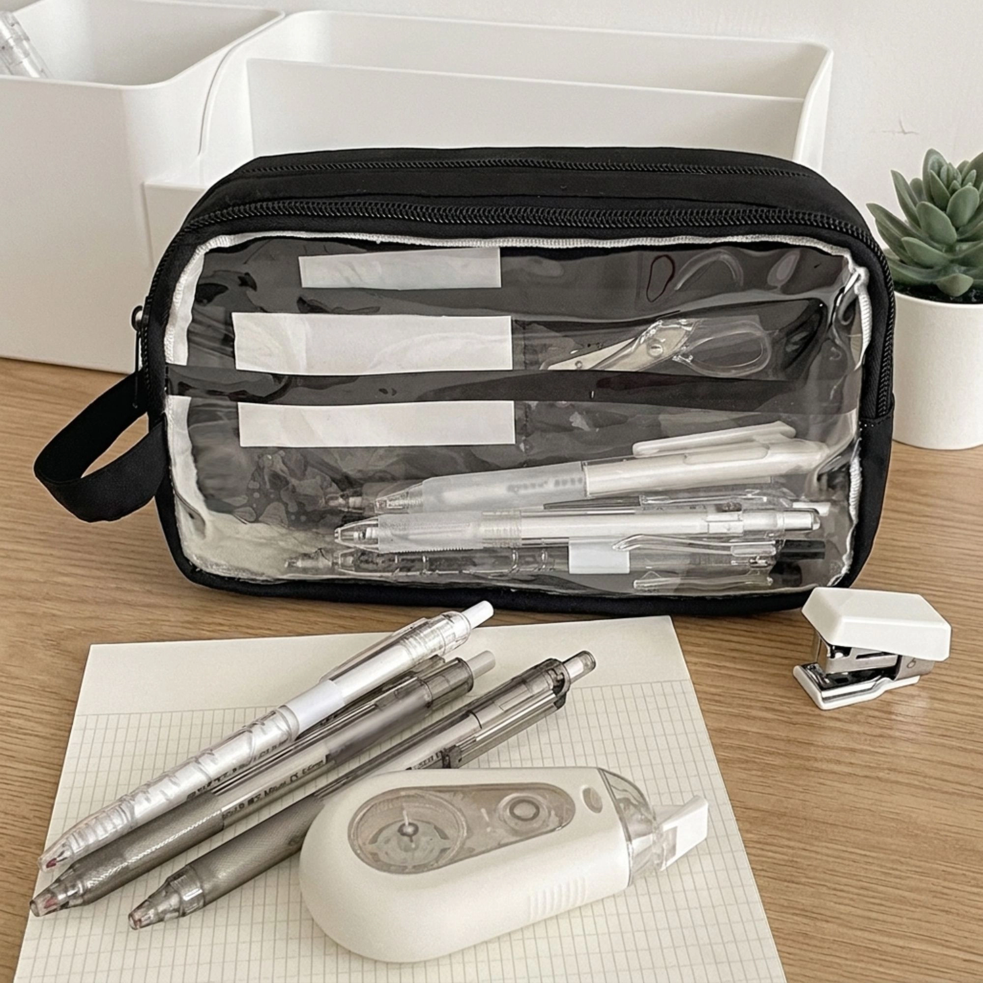 Alilang Women Large Capacity Clear Pencil Case Double Compartment Zipper Pouch with Handle
