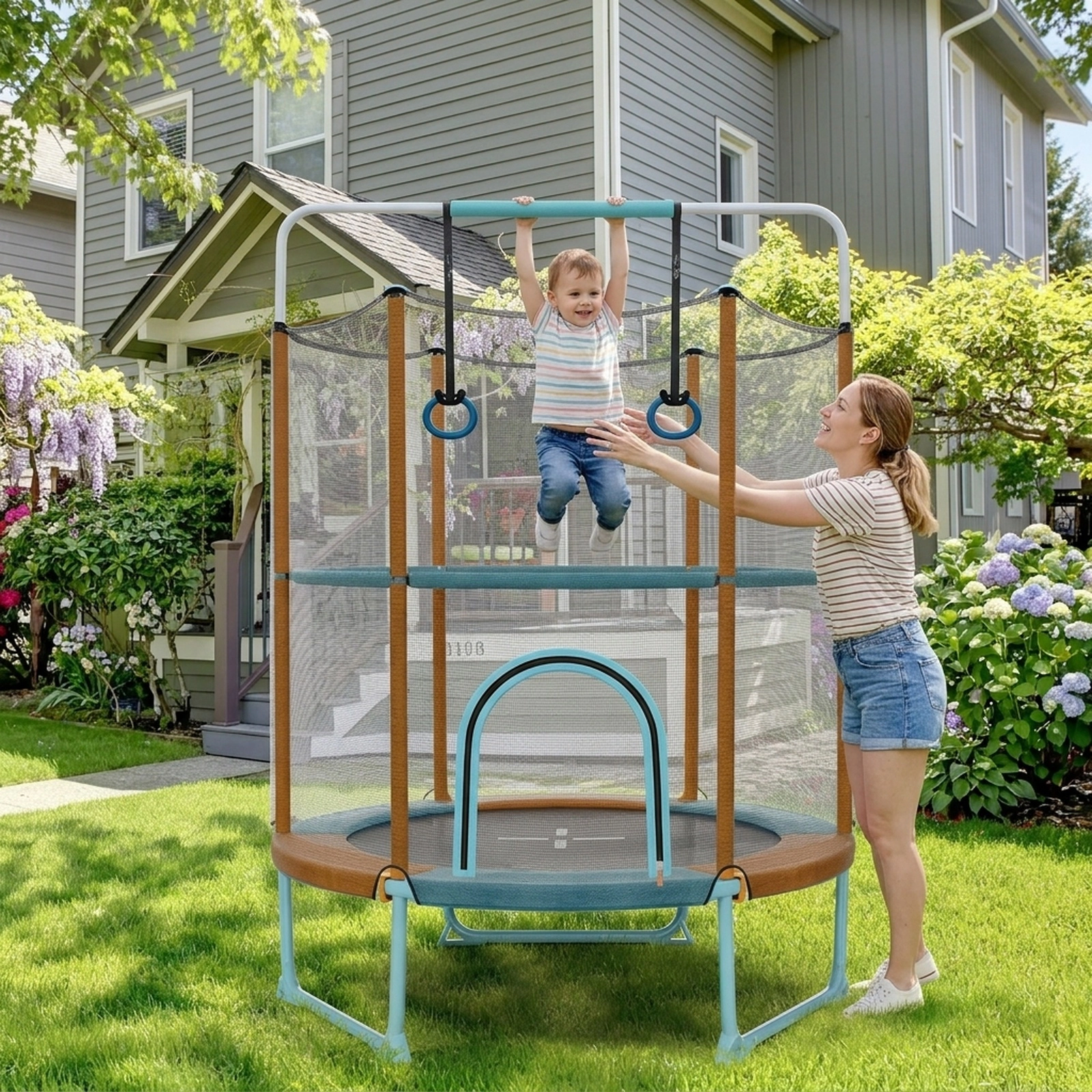 60-in Toddler Trampoline Net Gymnastic Bar Adjustable Rings 110-lb Capacity Ages 3-6 Orange Kids Indoor Trampoline