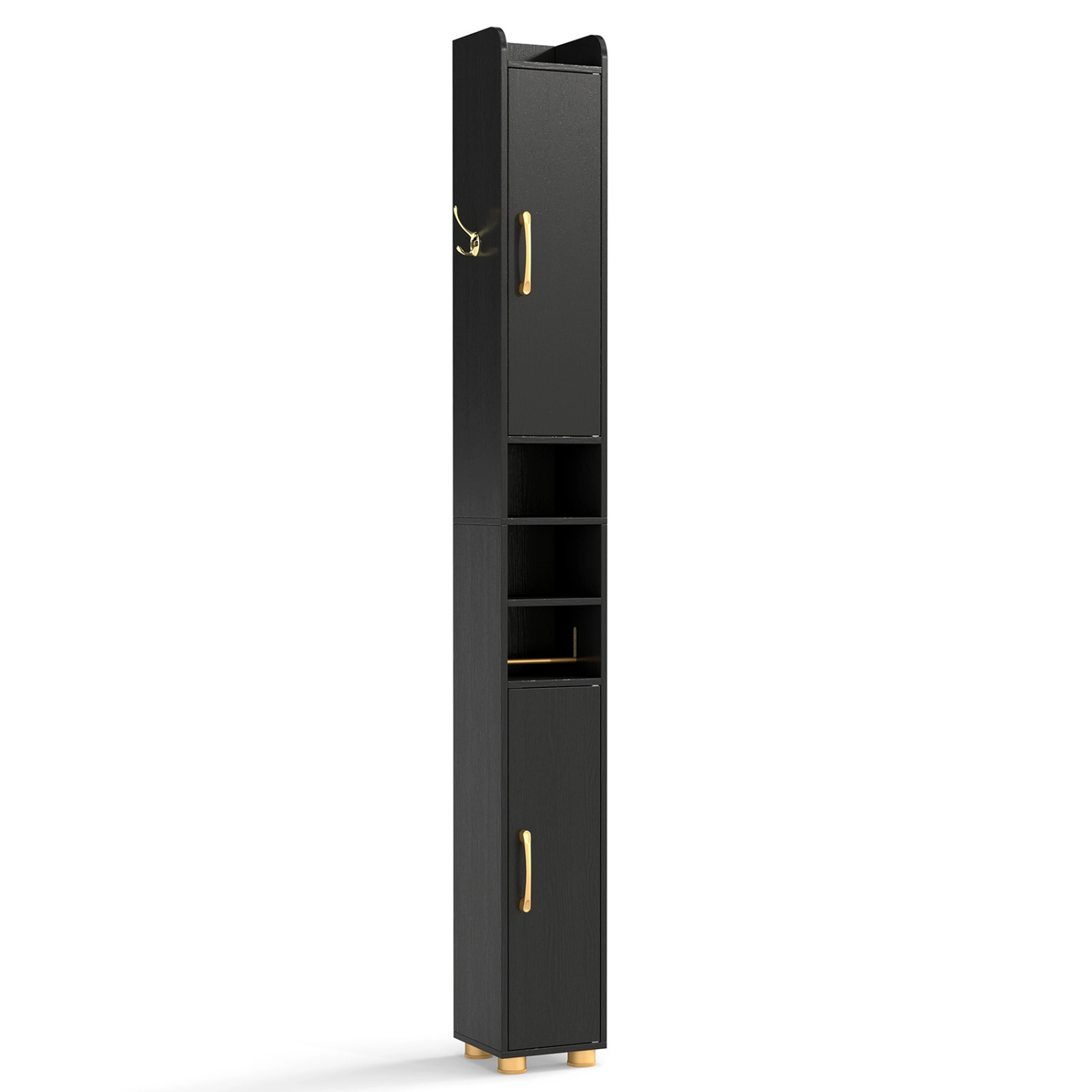 SUGIFT Tall Slim 2 Enclosed Sections Side Hook Bathroom Storage Cabinet 8-in x 8-in x 69.5-in 11-lb per Shelf Black