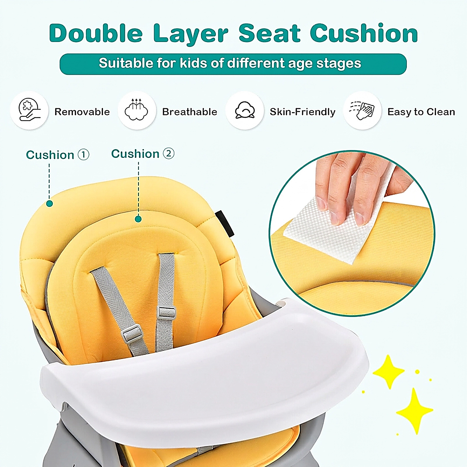 SUGIFT 6-in-1 Convertible Baby High Chair with Adjustable Removable Tray 55-lb Capacity Ages 6-36 Months Yellow