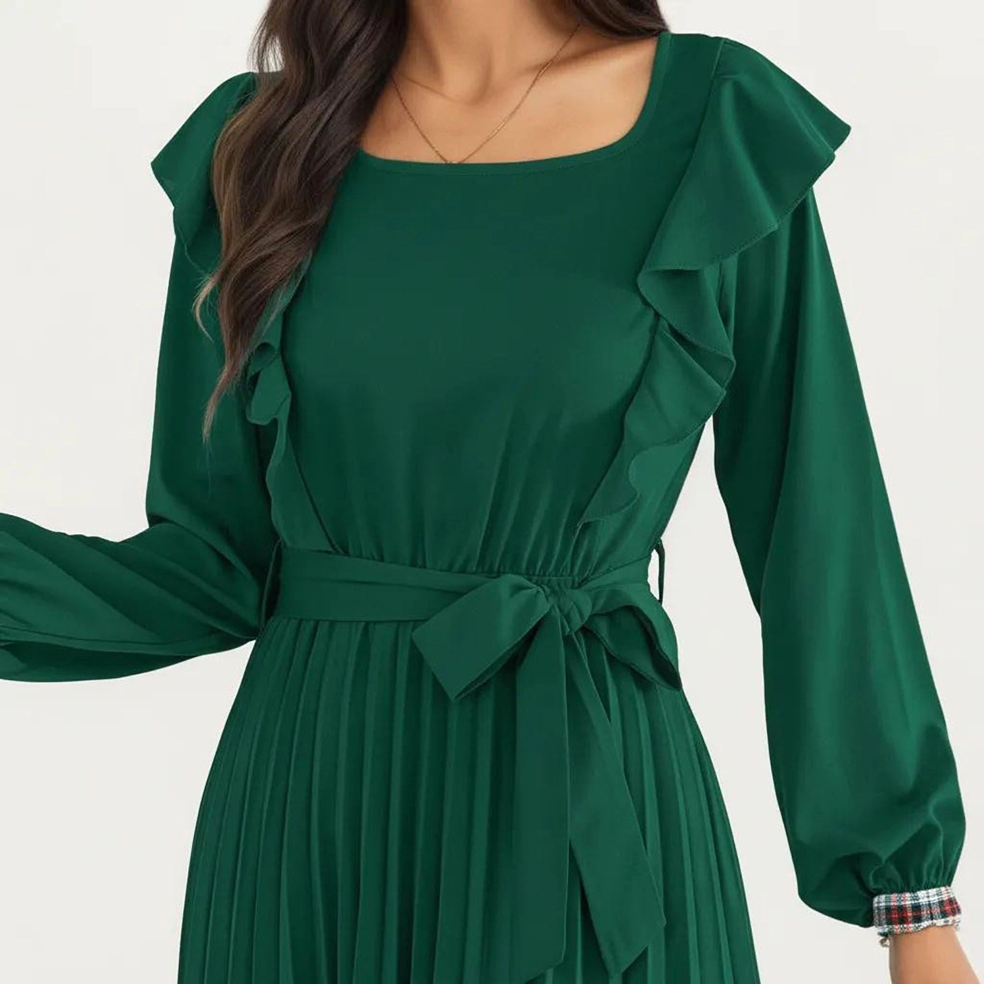 Anna-Kaci Women's Pleated Ruffle Shoulder Waist Tie Long Sleeve Dress