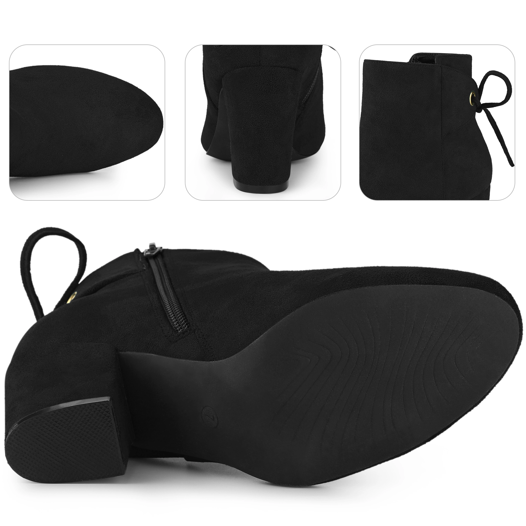 BLISSFUL STEP Women's Round Toe Back Tie Chunky Heels Ankle Boots