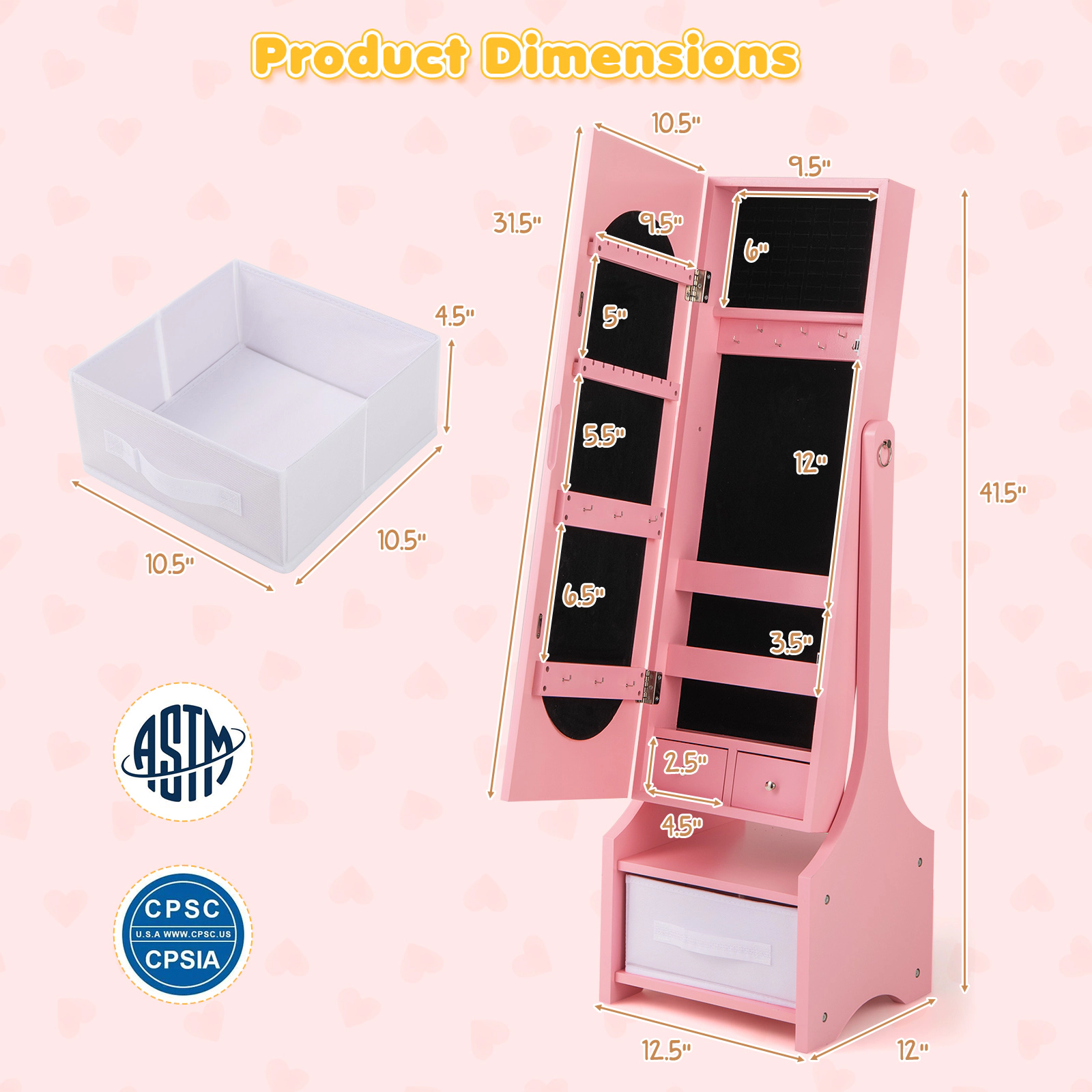 SUGIFT Kids Full-Length Mirror 2 Tilt Angles 64 Ring Slots Jewelry Armoire Cabinet 12.5-in x 12-in x 41.5-in Pink