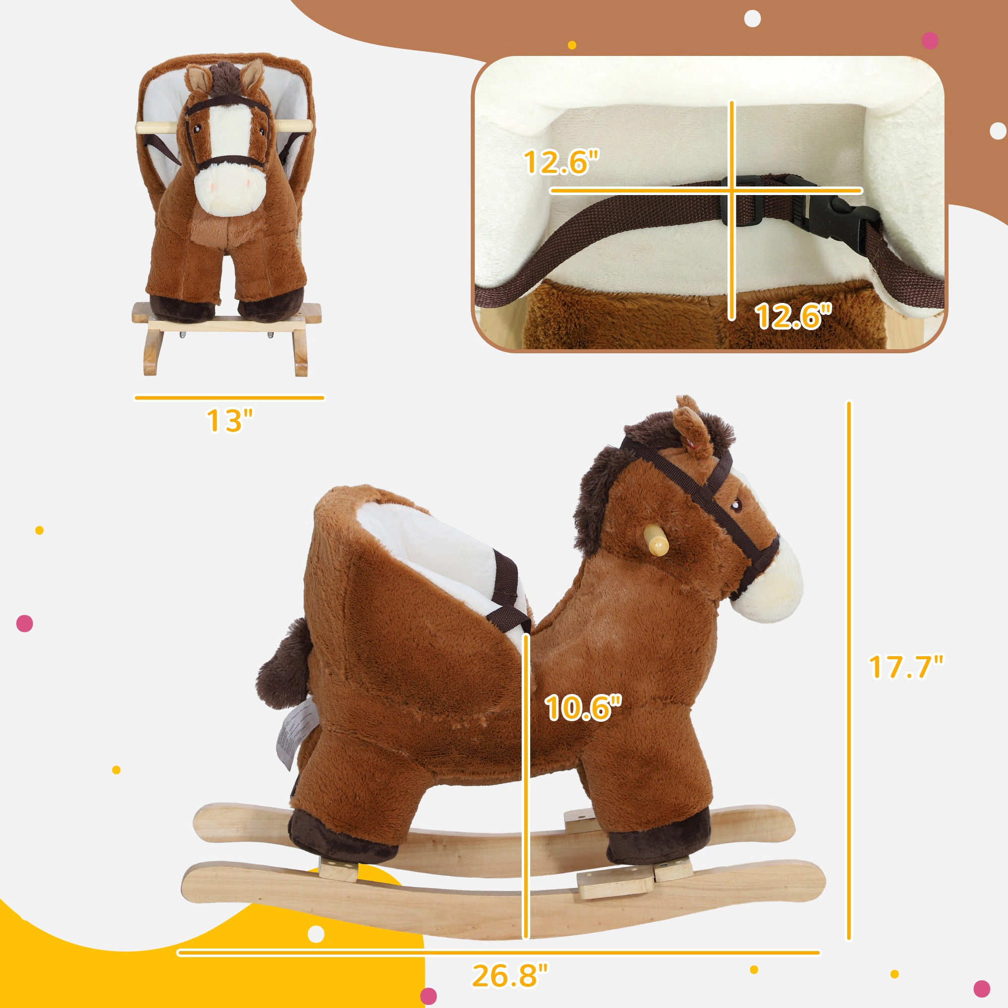 HONGGE Wooden Rocking Horse with Safety Belt and 3-Sided Seat, Sound Effects, Supports 55 lbs for Toddlers 18-36 Months