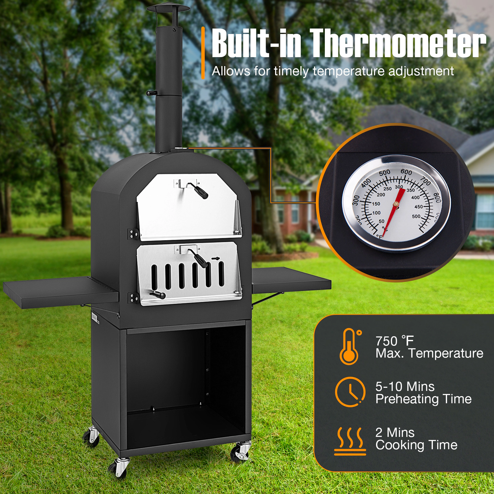 SUGIFT Outdoor Pizza Oven Grill Racks Built-in Thermometer 12 x 12-in Cordierite Stone 750 F Max 67-in Tall Black