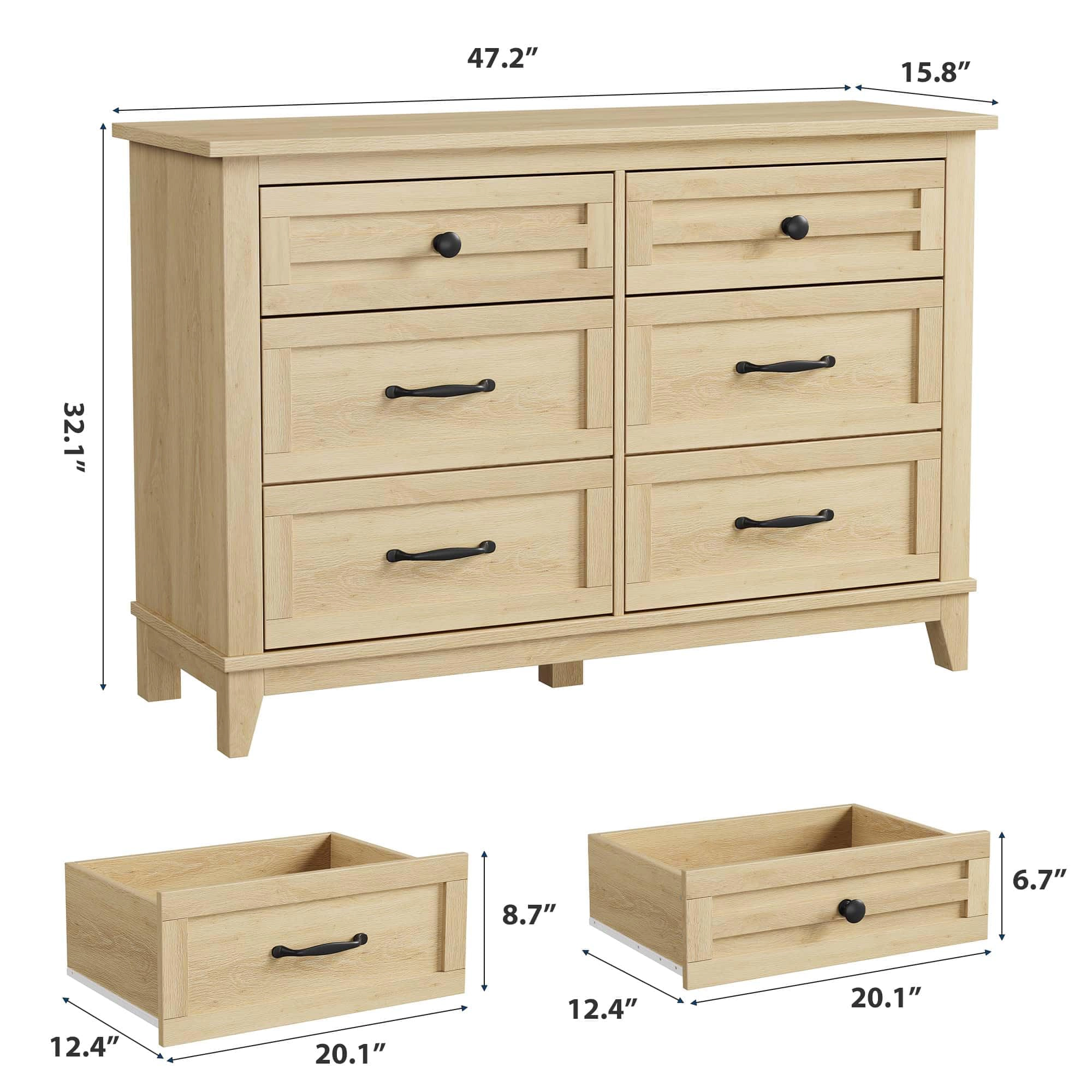 6 Drawer Modern Dresser, 47" Wide Wooden Double Storage Chest for Bedroom Entryway
