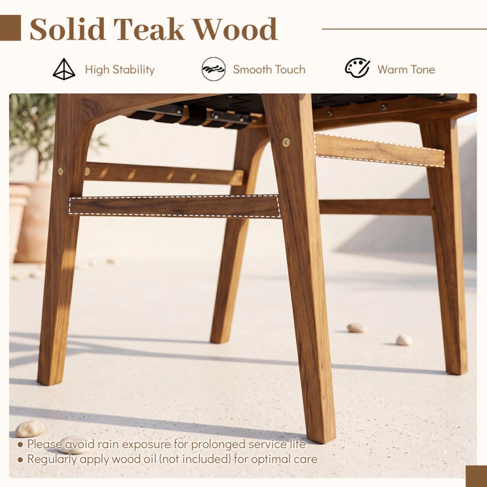 SUGIFT Teak Wood Armless Outdoor Patio Dining Chair with Woven Strap Seat