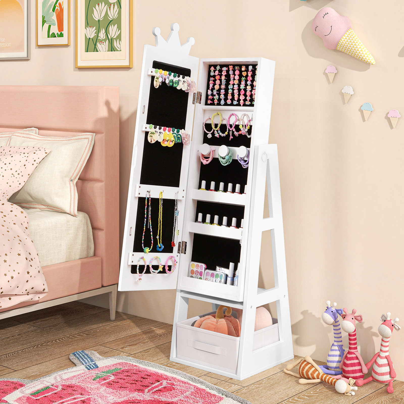 SUGIFT 45.5-in Pink Kids Standing Jewelry Cabinet with Dressing Mirror Tiered Trays and Hook Rows