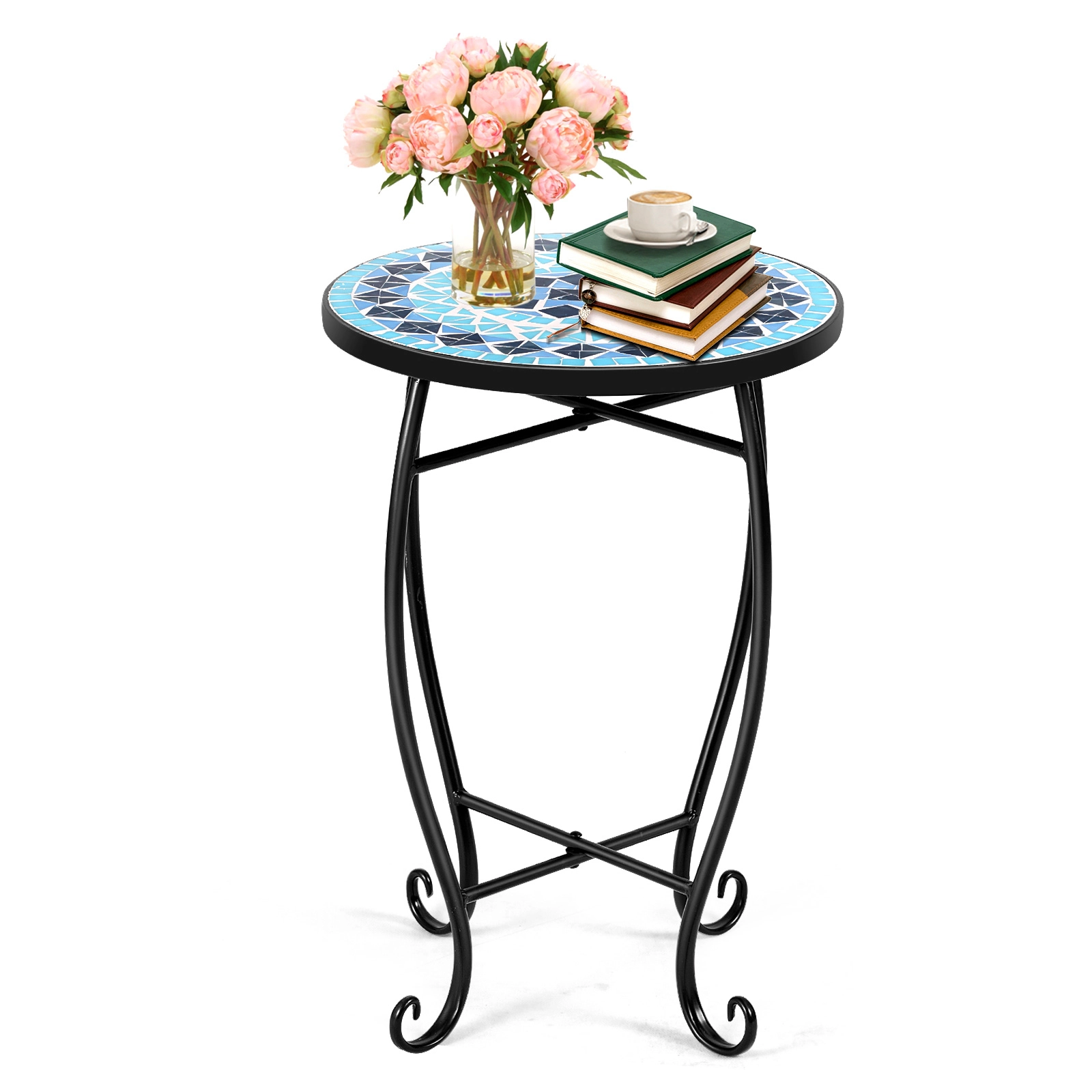 SUGIFT Steel Accent Plant Stand Blue Cobalt Side Table with Colored Glass Mosaic Top