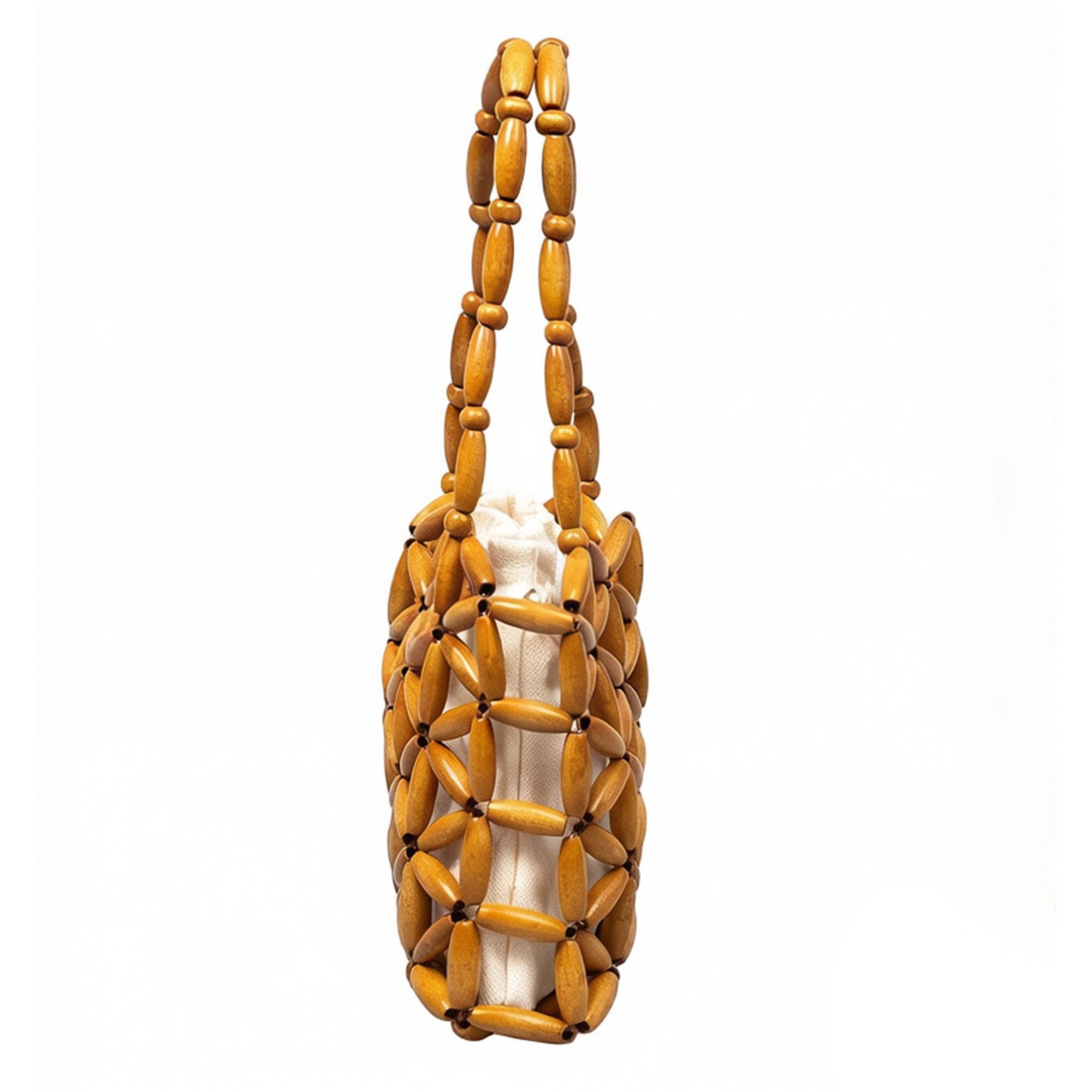 Alilang Women's Wooden Beaded Tote Bag Structured Geometric Design with Inner Pouch Open Weave Shoulder Handbag