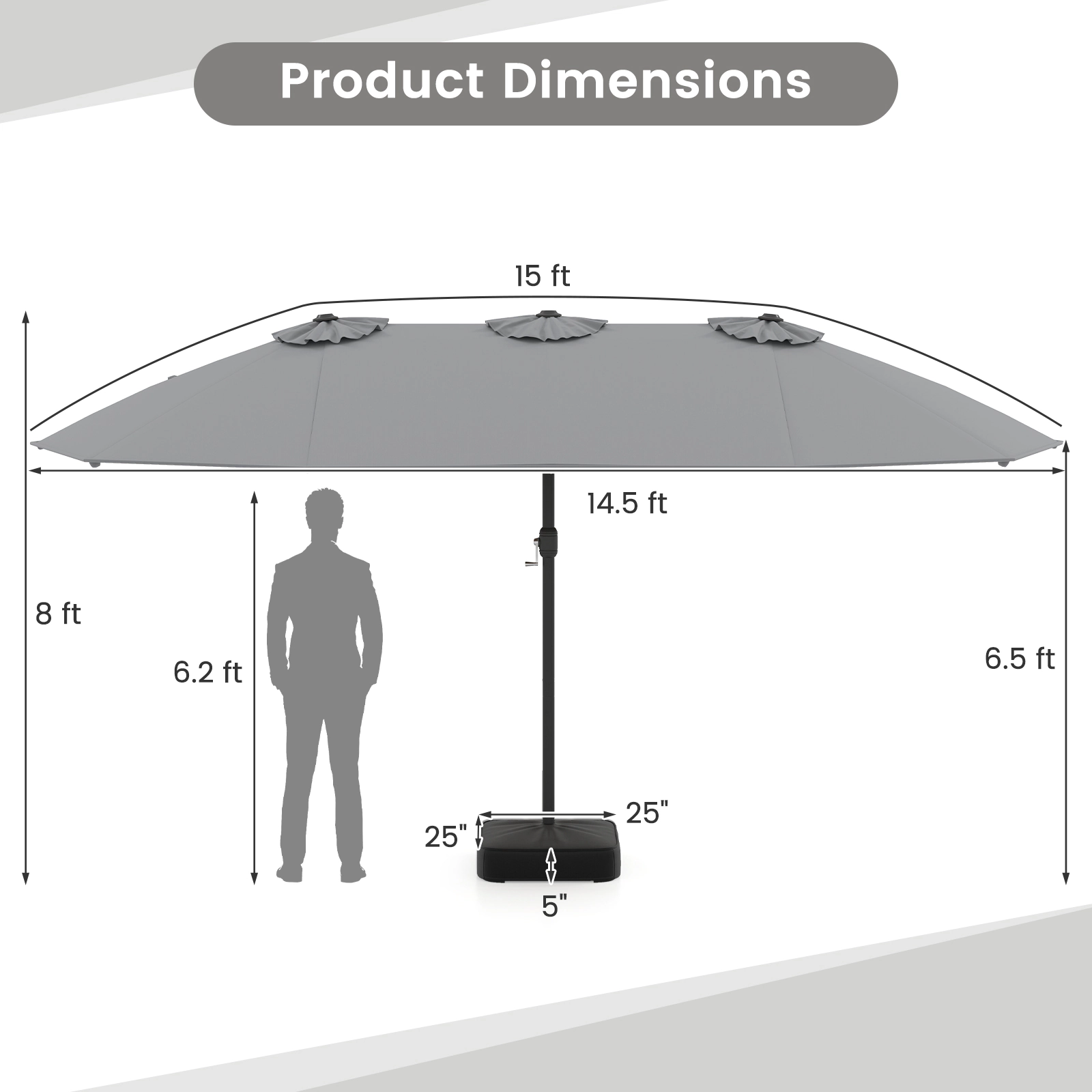SUGIFT 15-ft Gray Rectangular Double-Sided Market Patio Umbrella, 12 Ribs, Steel Pole