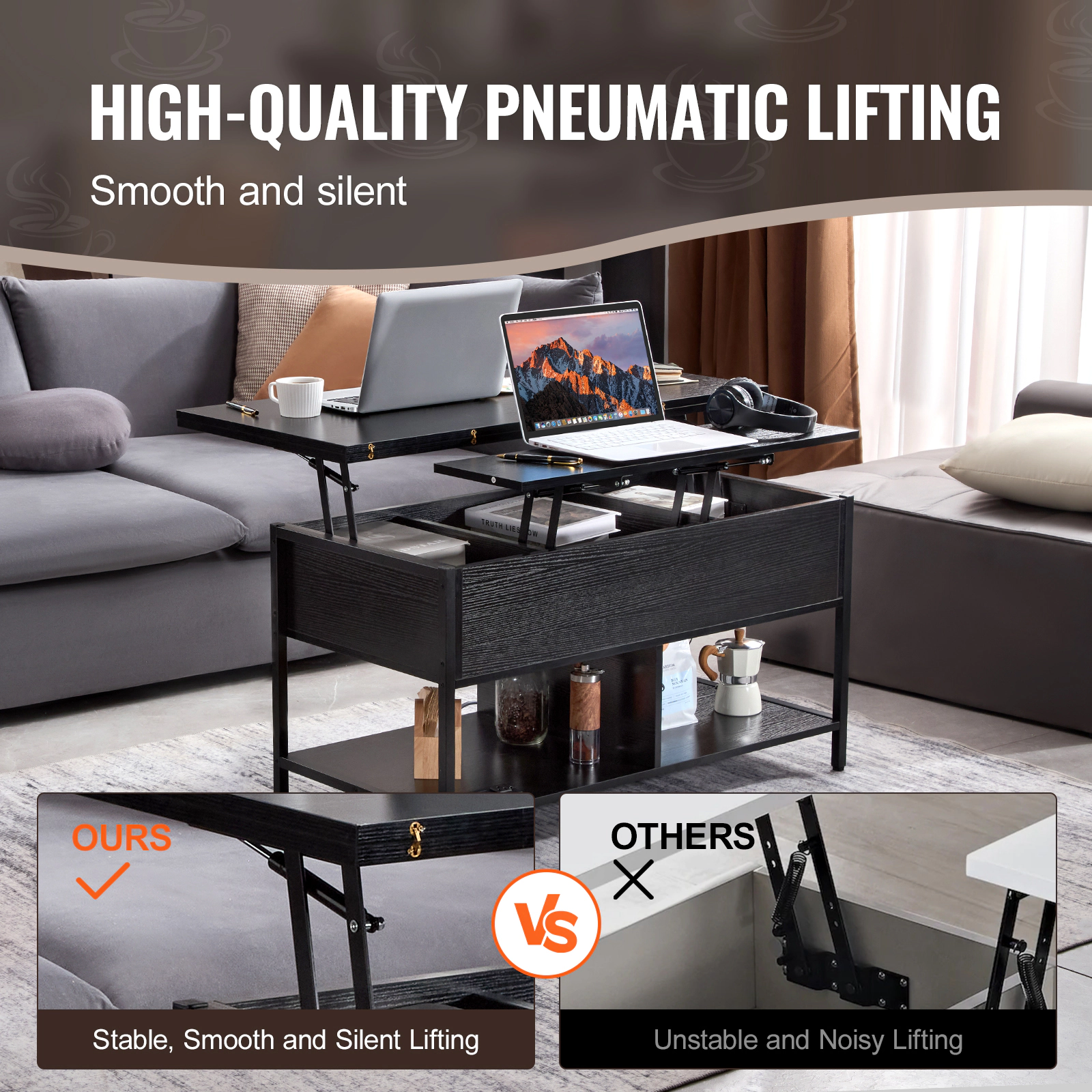 HONGGE Lift Top Coffee Table 39.4 in Rectangle Coffee Table with Extra Storage Pockets Flipable Coffee Table with Power