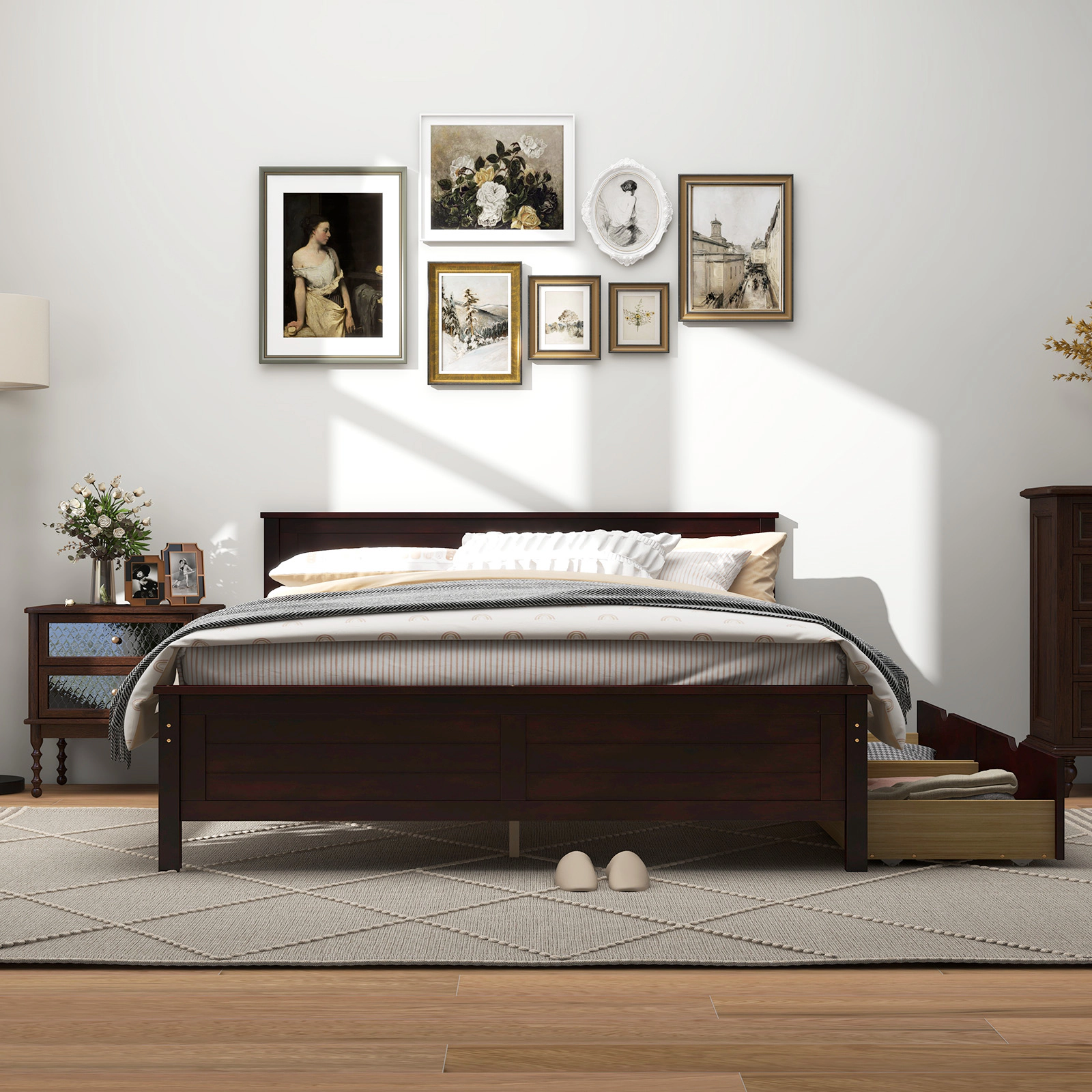 SUGIFT Full Platform Bed Frame, Espresso Wood, 2 Roll-Out Storage Drawers, Panel Headboard