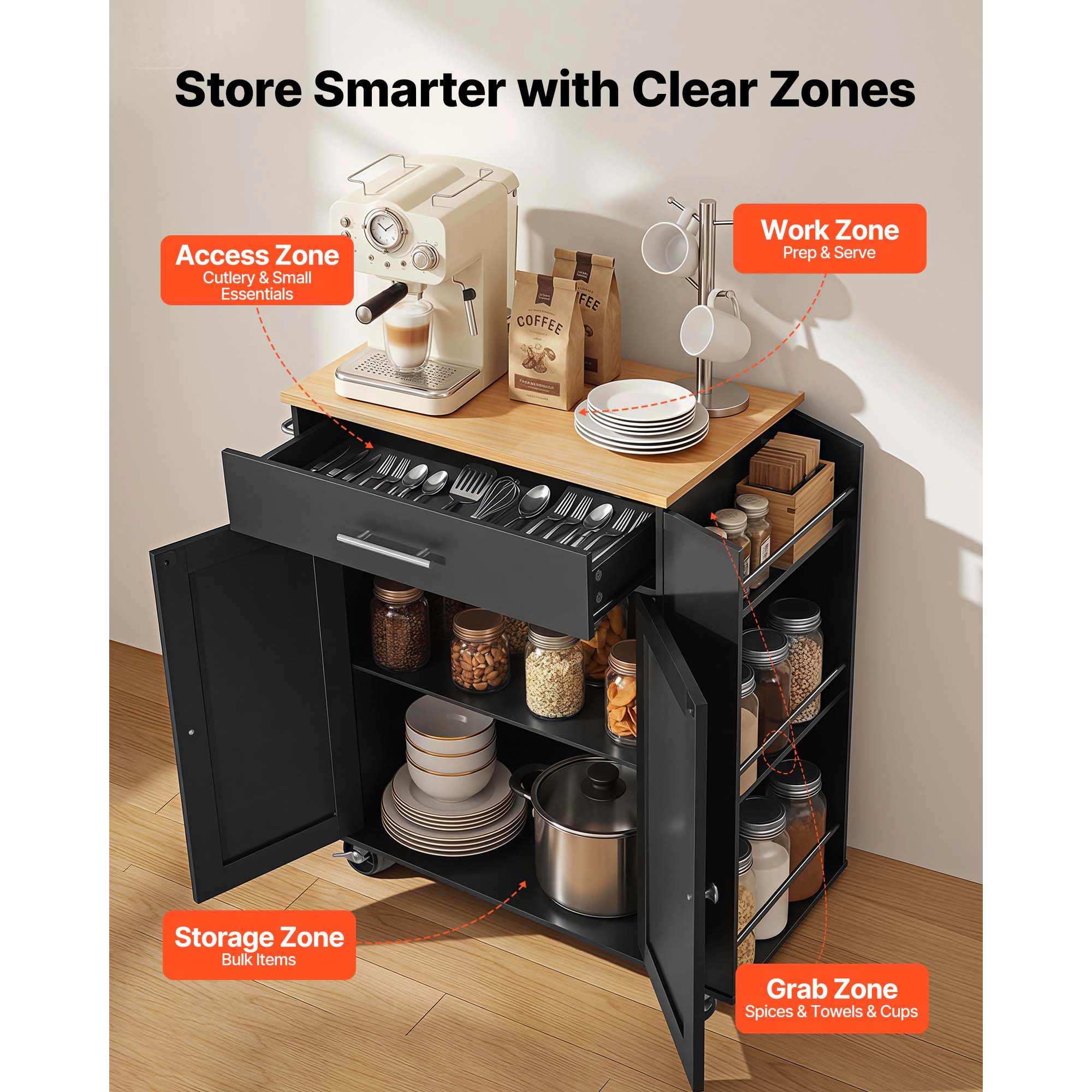 HONGGE Kitchen Island Cart with Storage Mobile Rolling Storage Island on Swivel Wheels with Drawer Storage Cabinet Rack