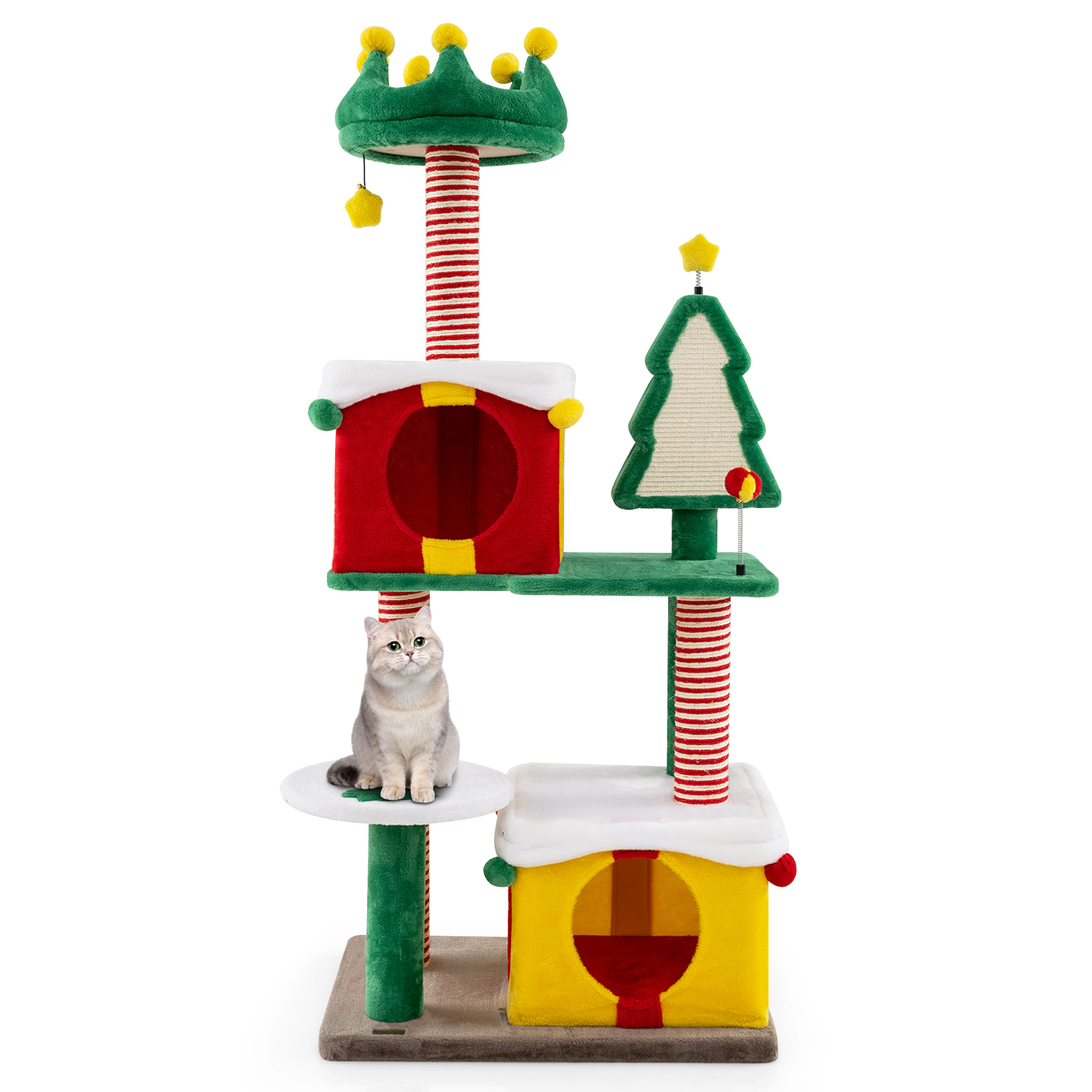 SUGIFT 61-in Christmas Cat Tree Tower with 2 Gift Box Condos Hat Perch Sisal Carpet and Bell Toys