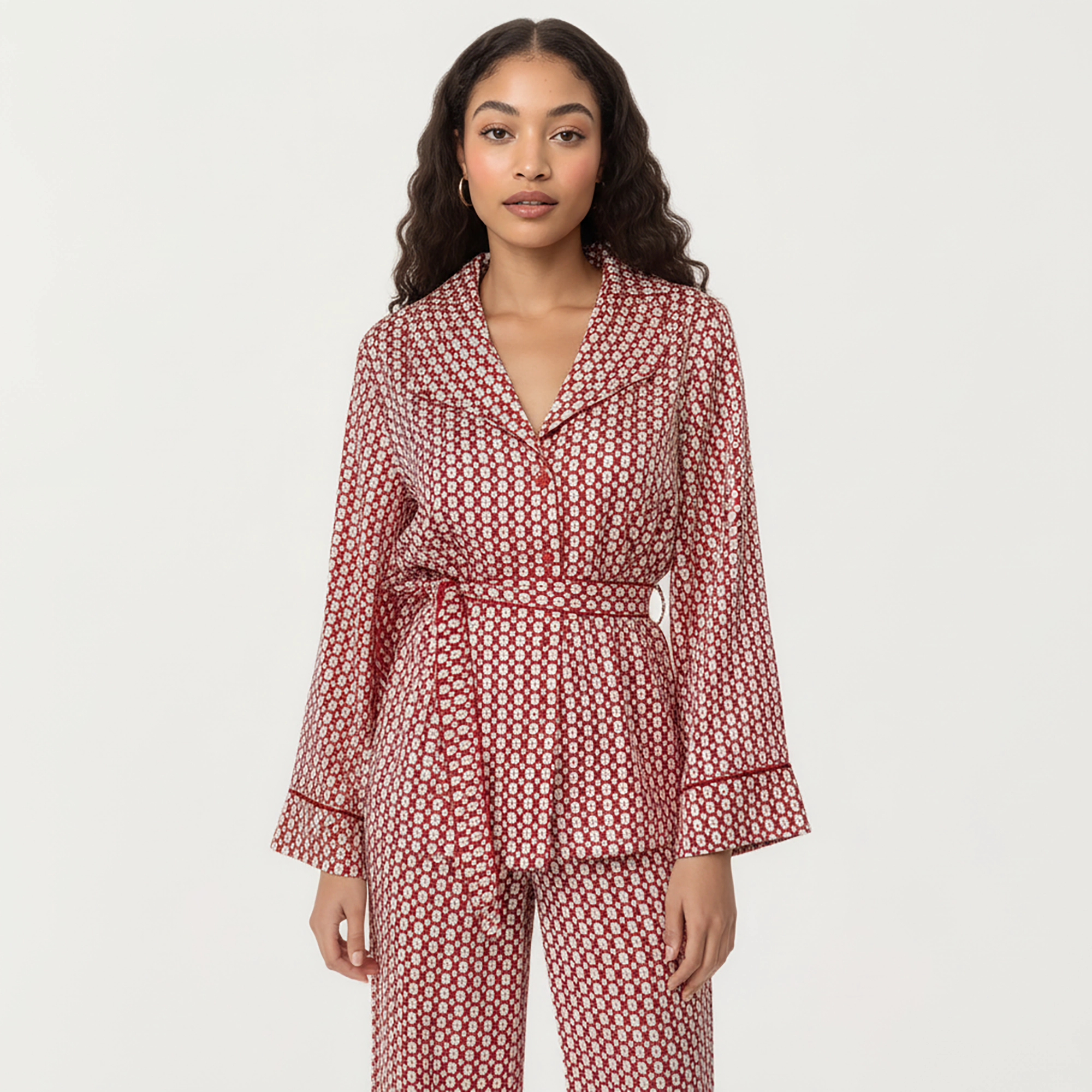 Anna-Kaci Women's Printed Satin Pajama Set Long Sleeve Wrap Top Self-Tie Waist and Full-Length Relaxed Fit Lounge Pants