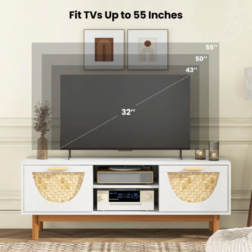 Hivvago Mid Century Modern TV Stand Entertainment Center for 55-Inch TV with 2 Drawers and Bamboo Woven Fronts