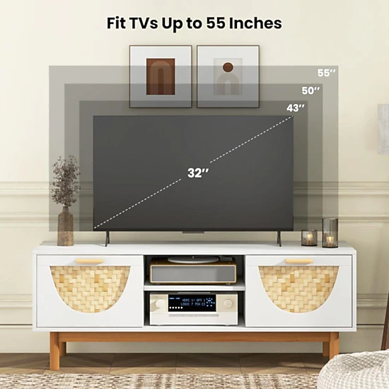 Hivvago Mid Century Modern TV Stand Entertainment Center for 55-Inch TV with 2 Drawers and Bamboo Woven Fronts