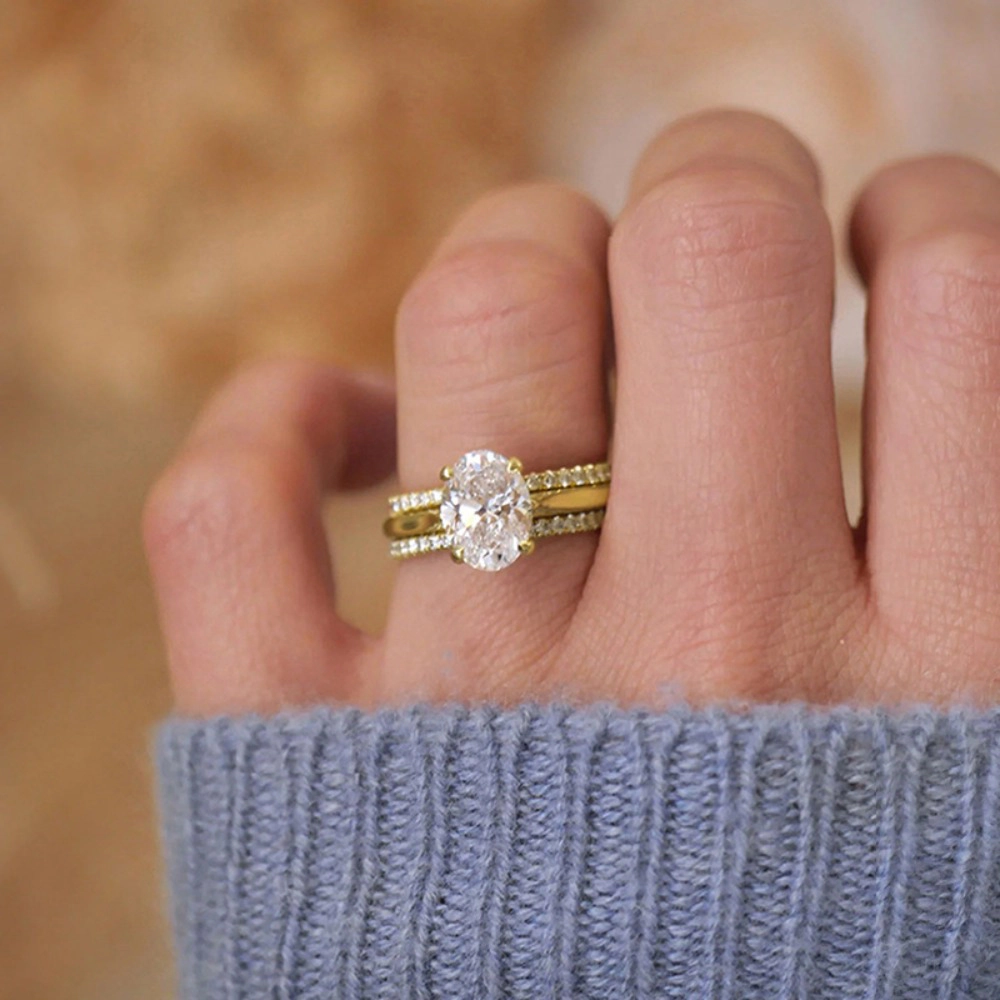 3 Piece Oval CZ with Micro Pave Bands Ring Set for Women