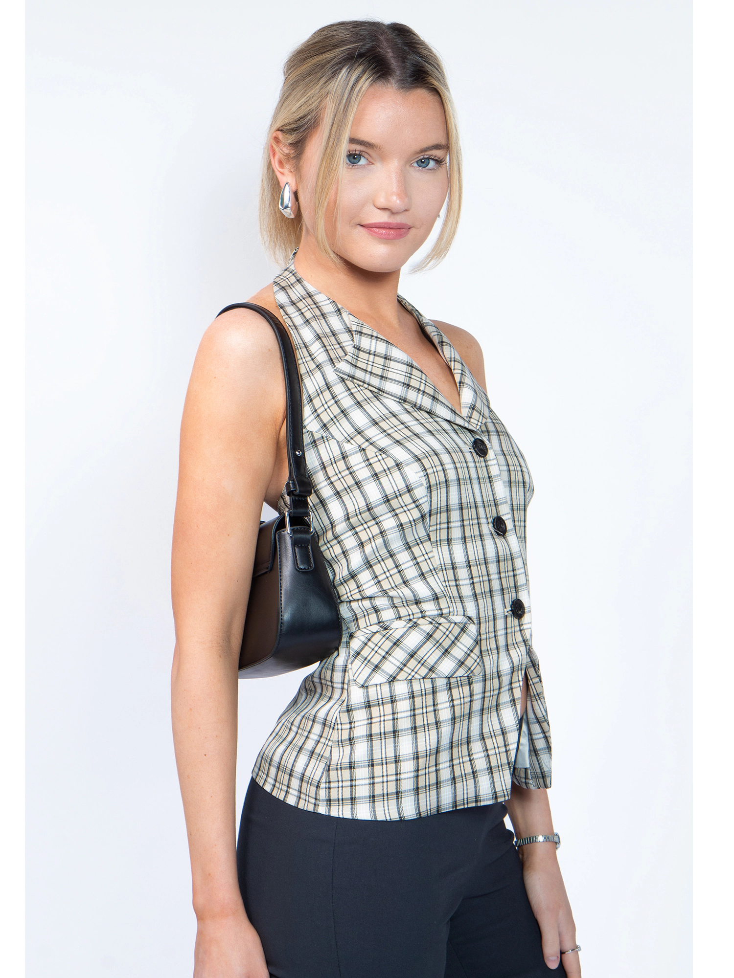 JESS by Meiko Women's Adjustable Collared Halter V Neck Front Pocket Button Down Vest